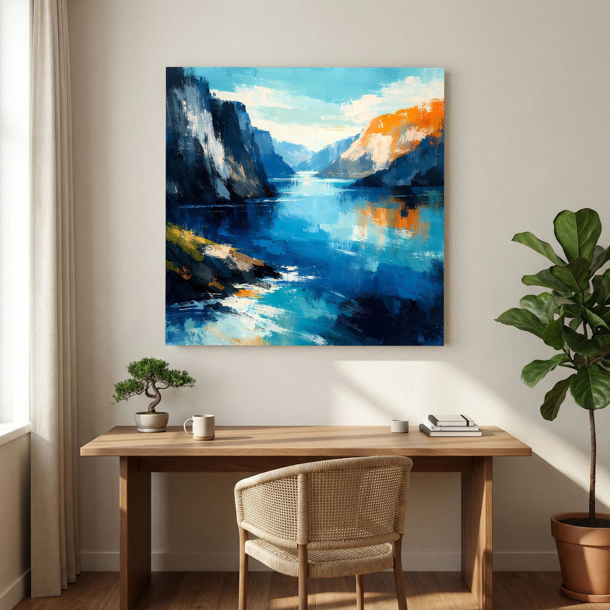 Leinwand Abstraktes Fjord Gemälde | Modernes Norwegisches Wandbild Blau Orange