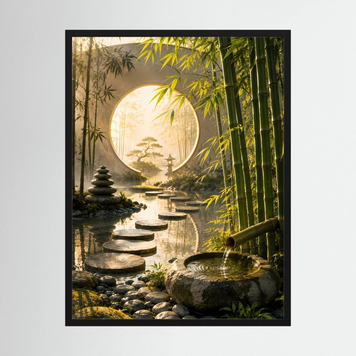 Gerahmtes Poster im Hochformat mit Zen-Garten, Bambus und rundem Mondtor