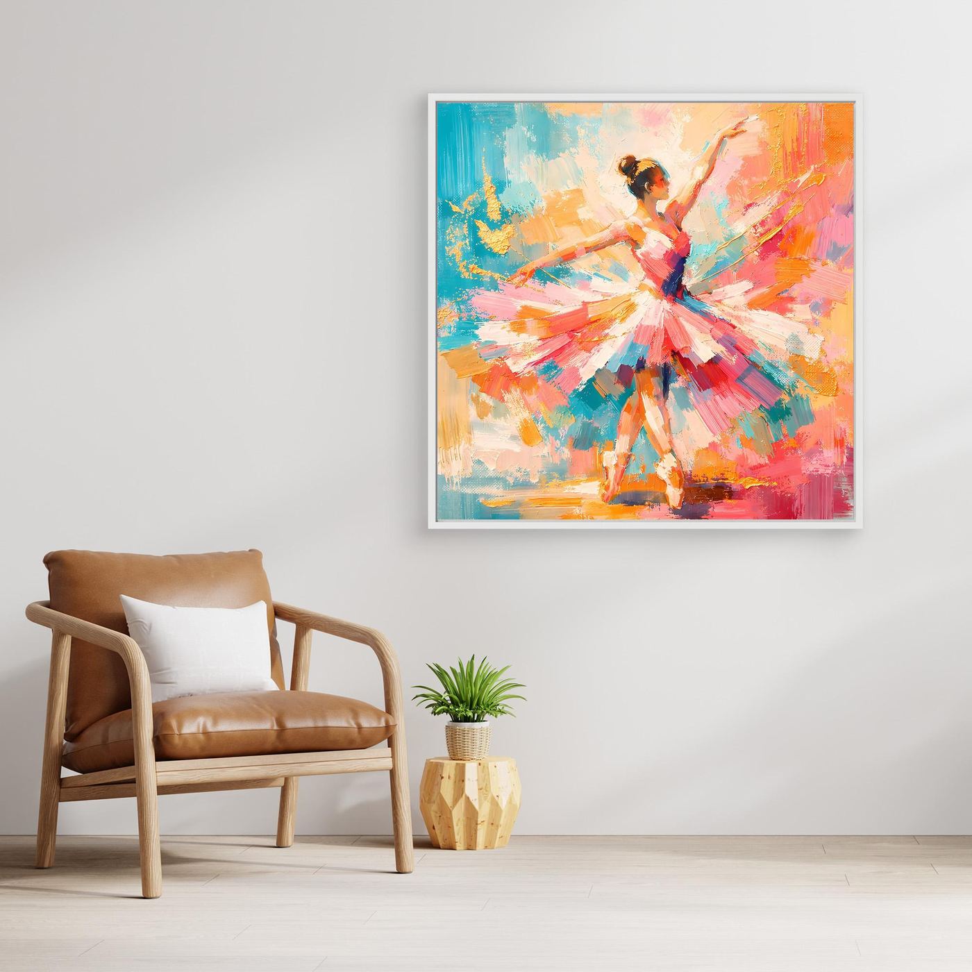 Abstraktes Leinwandbild mit Ballerina in bunten Pinselstrichen, dunkler Rahmen
