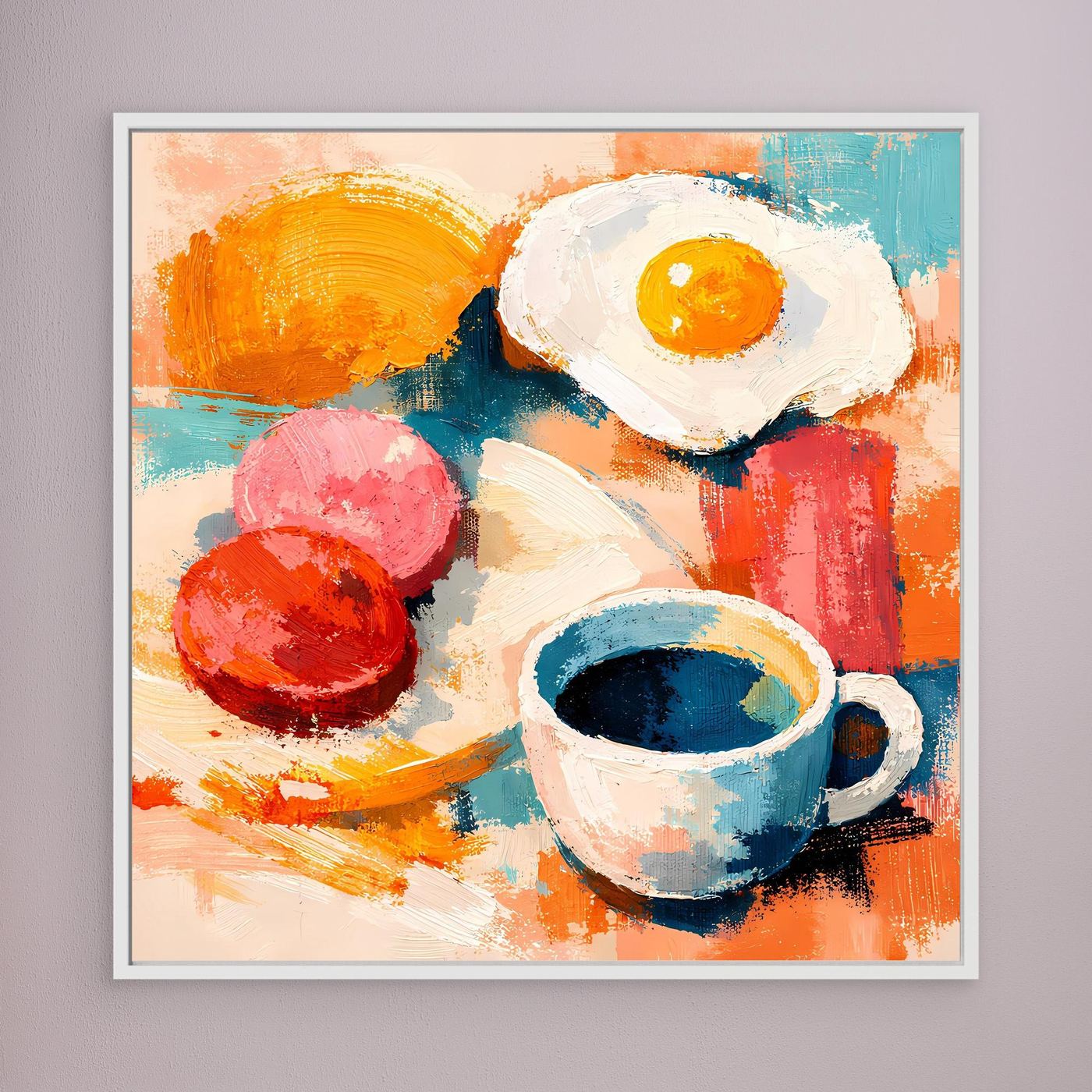 Gerahmtes abstraktes Wandbild mit Spiegelei und Kaffeetasse, Akzente in Orange, Rot, Blau und Gelb