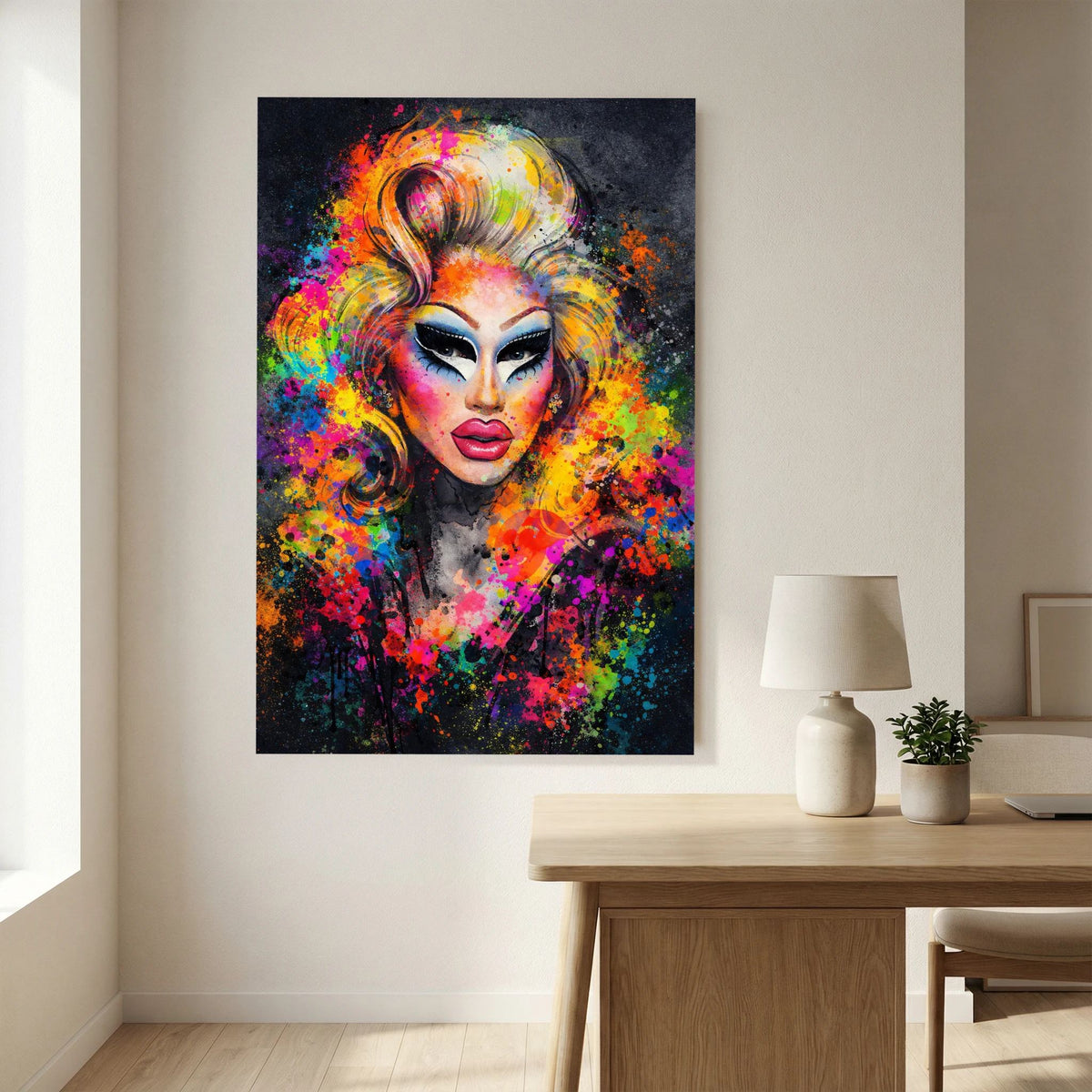 Wandbild: Drag-Queen-Porträt, abstrakt bunt, ohne sichtbaren Rahmen, Hochformat