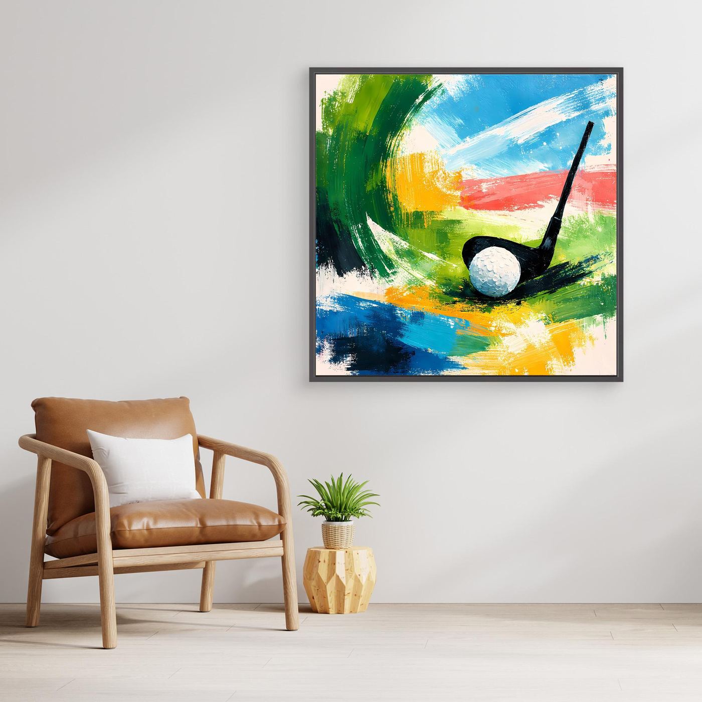 Abstraktes Leinwand-Wandbild mit Golfmotiv im schwarzen Rahmen: schwarzer Schläger, grauer Ball