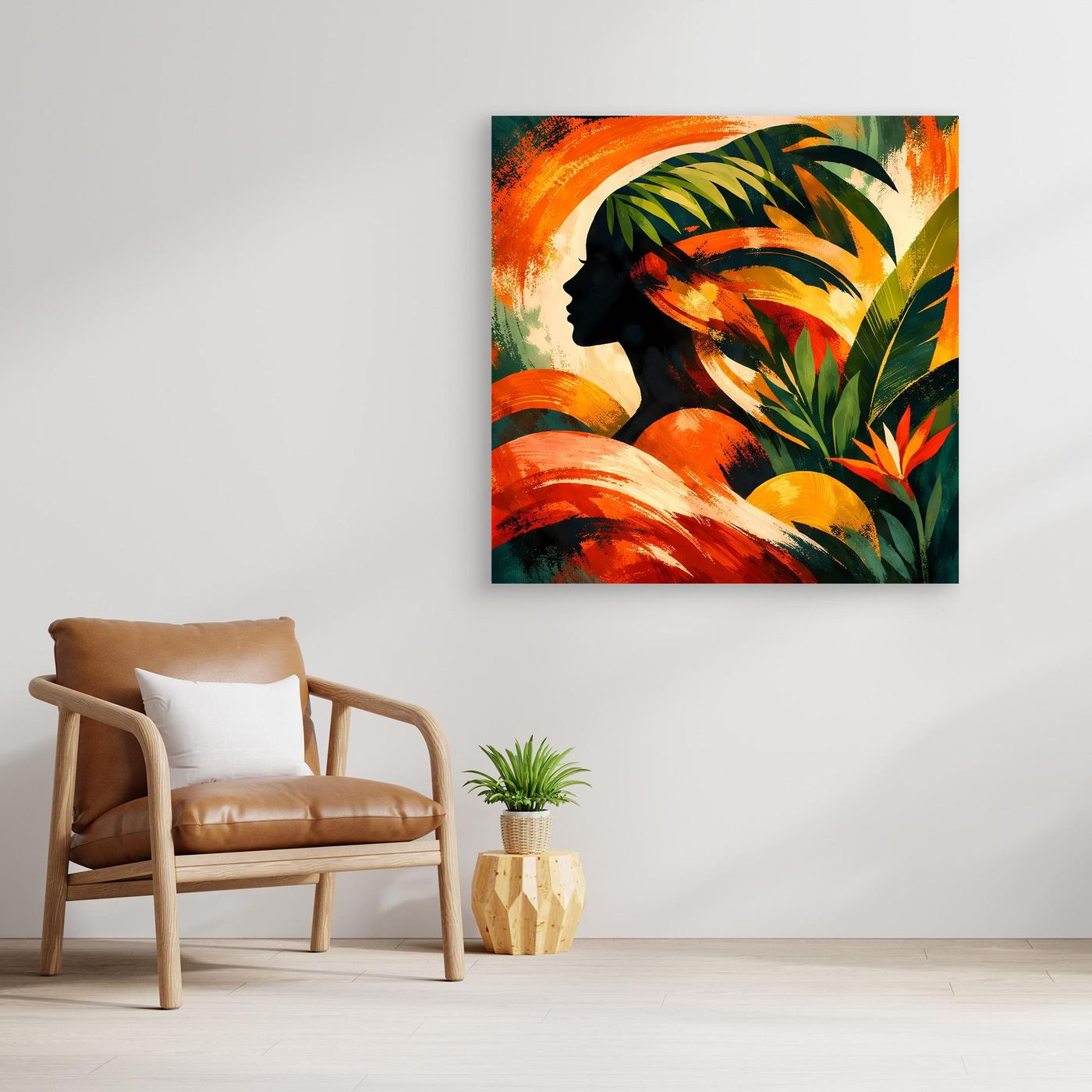 Leinwandbild mit tropischer Frauensilhouette, Palmen und orange/gelben Akzenten, abstrakt