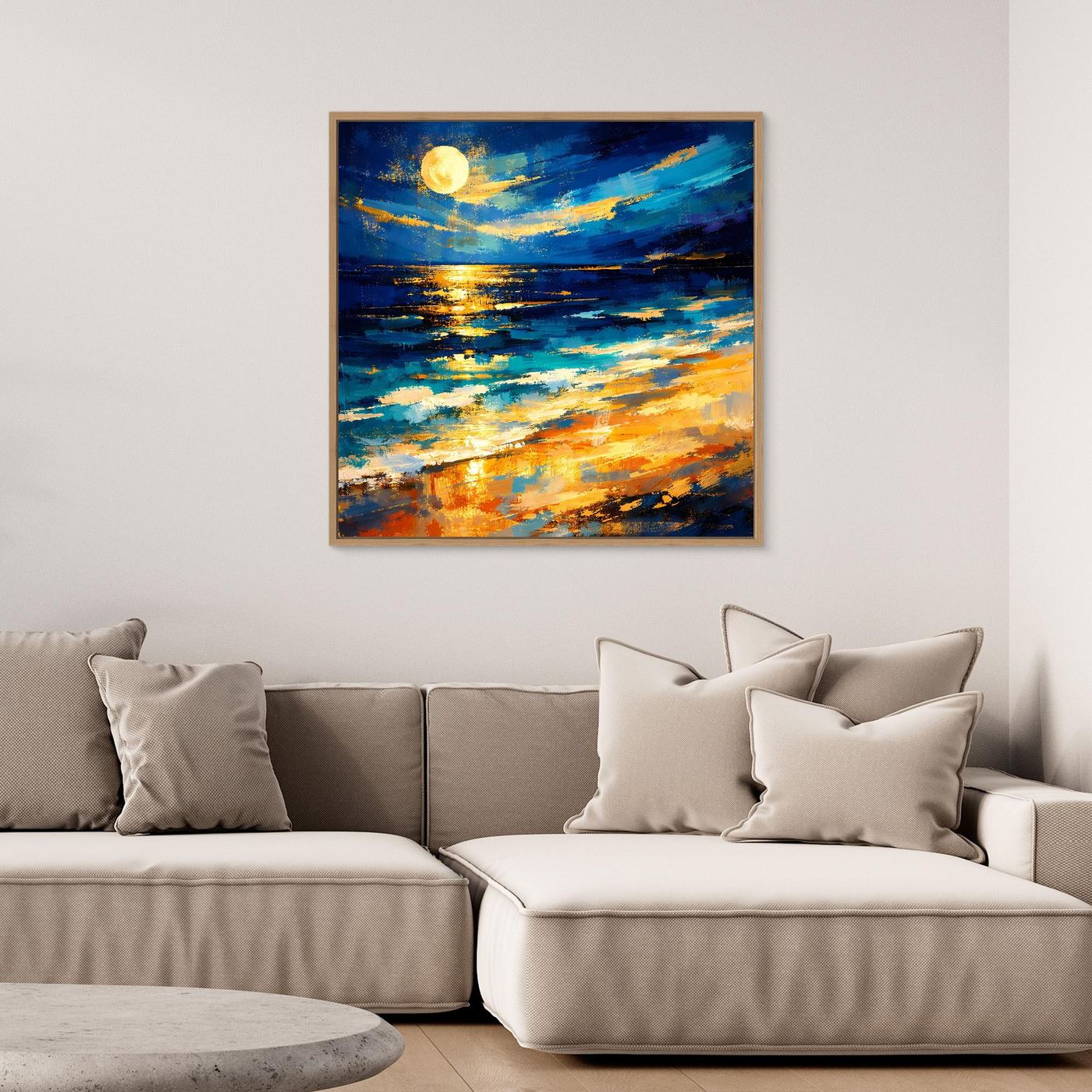 Abstraktes Leinwandbild mit Vollmond am Meer, blau-goldene Pinselstruktur und Lichtglanz