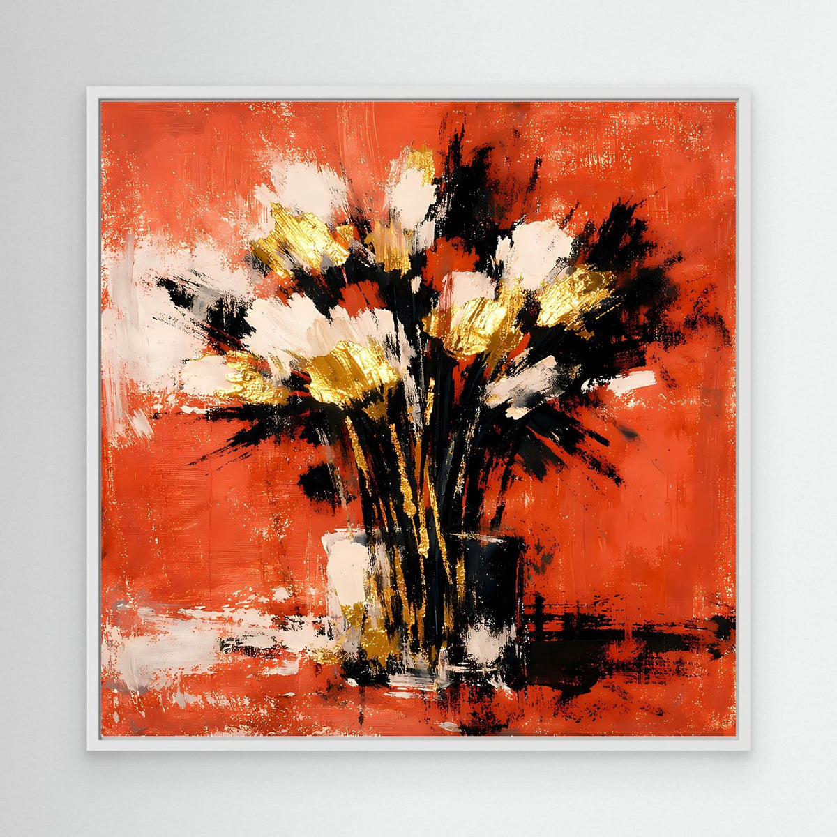 Leinwand-Wandbild mit abstraktem Blumenstrauß in Terrakotta, Weiß und Gold im hellen Rahmen