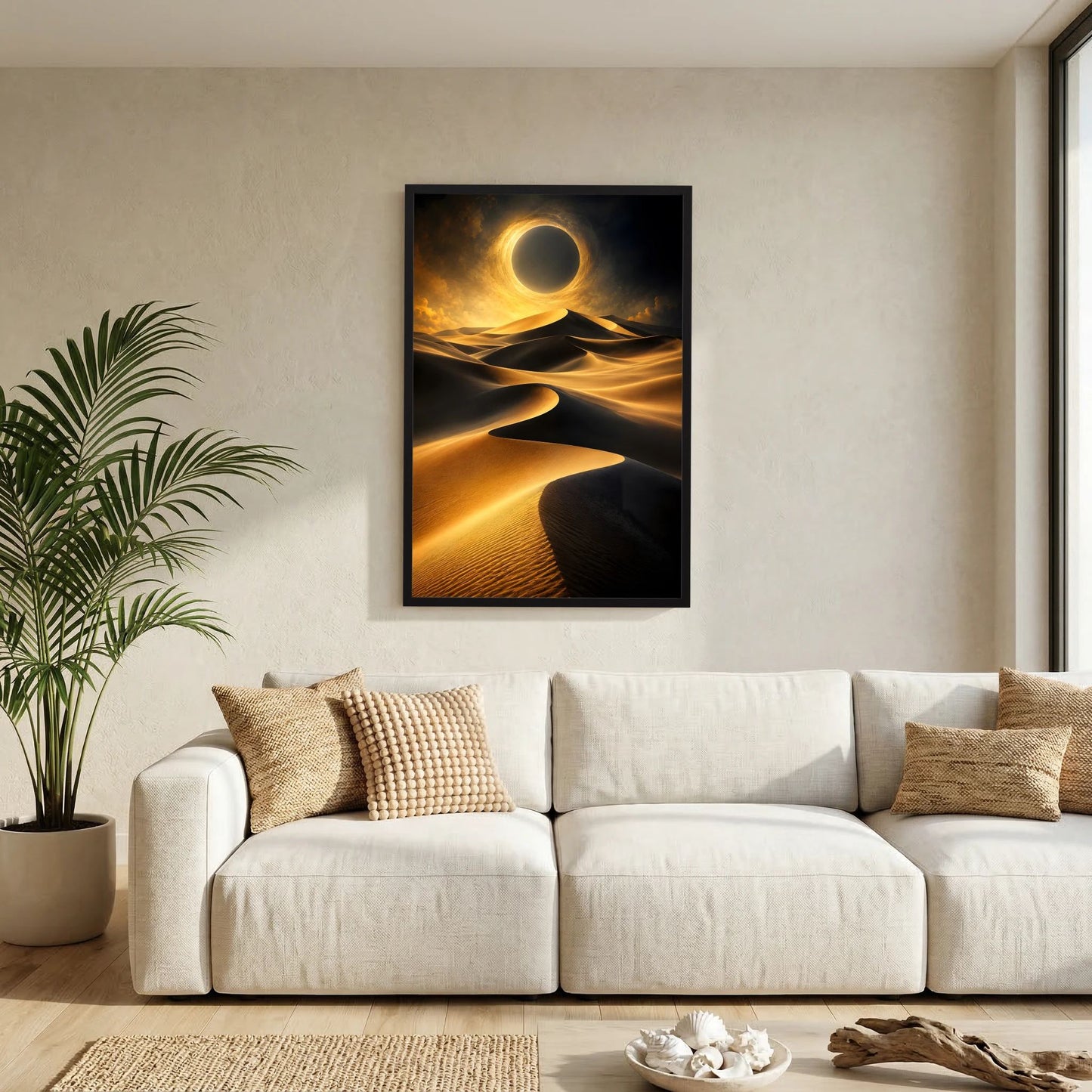 Kunstposter im Hochformat: Goldener Sonnenfinsternis-Kreis über Wüstendünen, schwarzer Rahmen