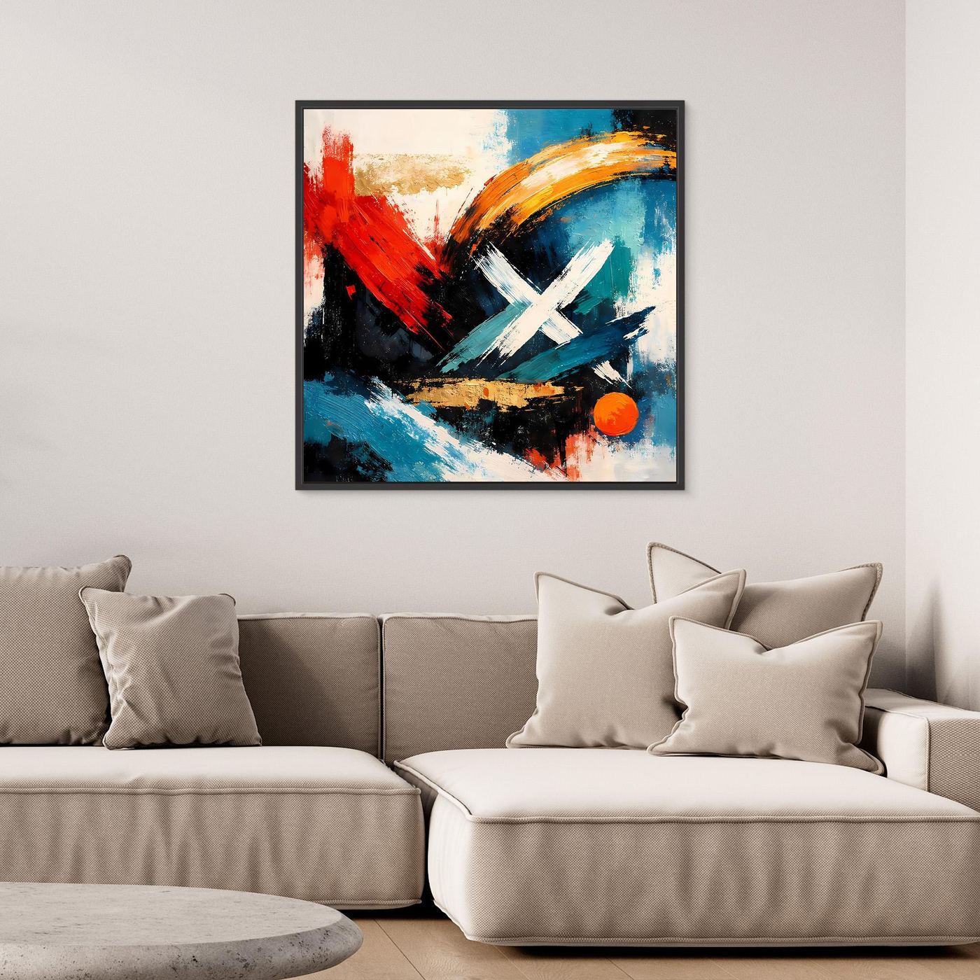 Leinwandbild im schwarzem Rahmen mit abstraktem Motiv aus Rot, Blau und Schwarz und weißem X