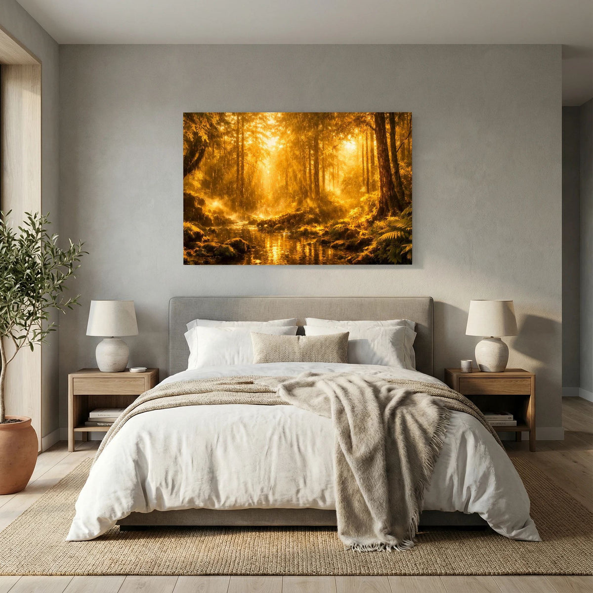 Wandbild mit goldener Waldlandschaft und Fluss über Bett