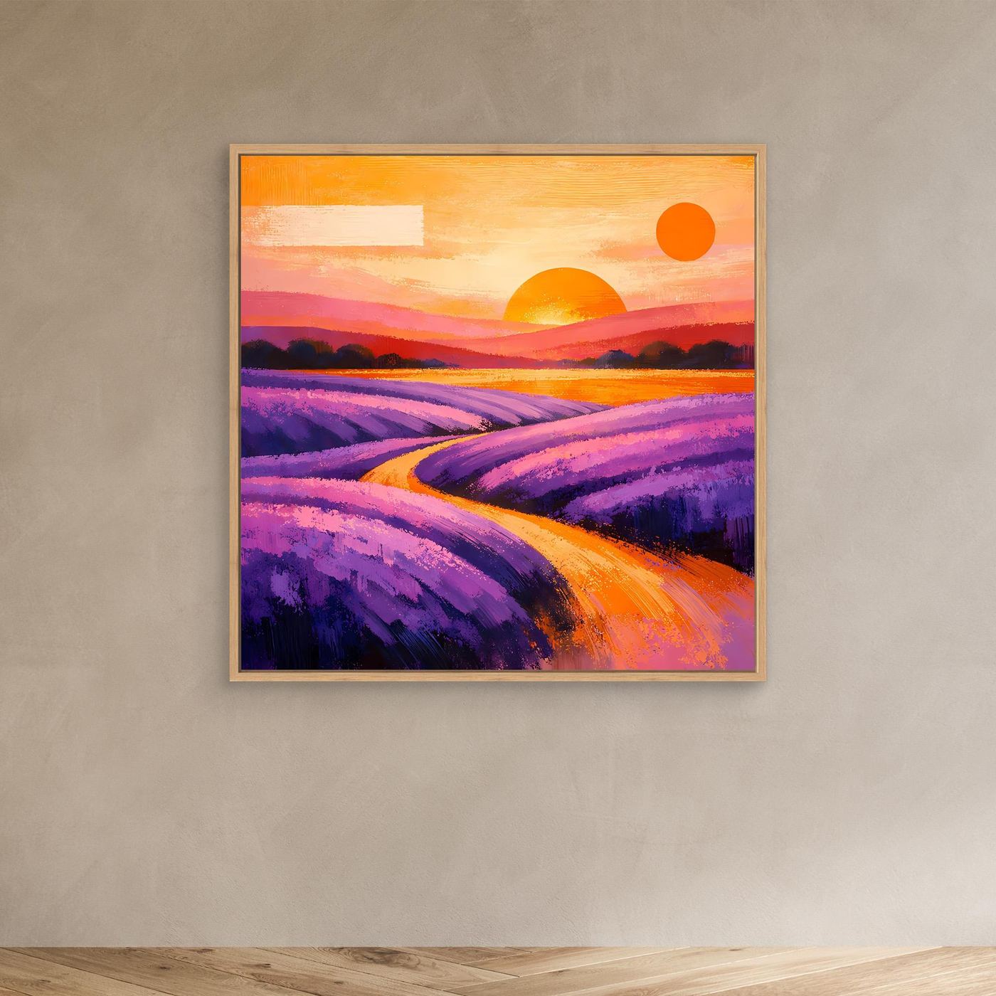 Leinwandbild mit abstraktem Lavendelfeld, Provence-Landschaft, goldener Rahmen, Lila und Orange