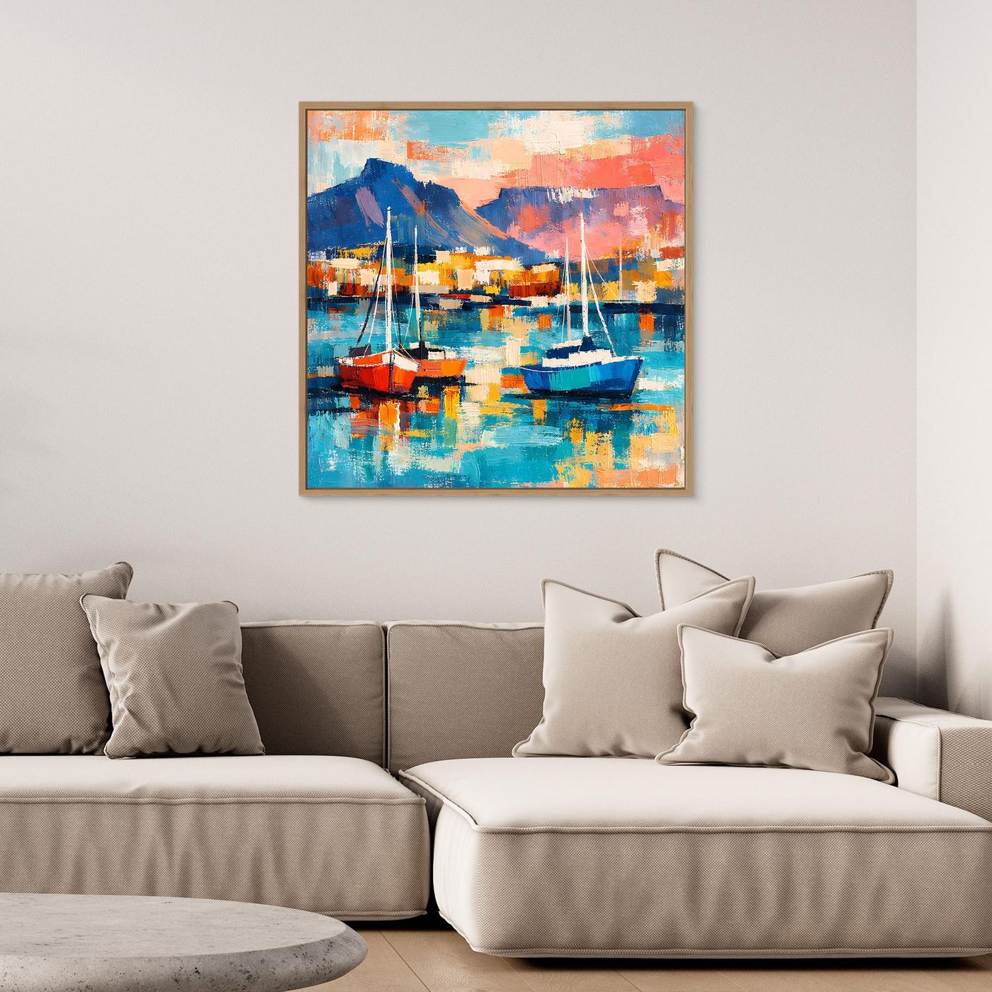 Abstraktes Leinwand-Wandbild mit Segelbooten im Hafen, blaues Wasser, mit Rahmen
