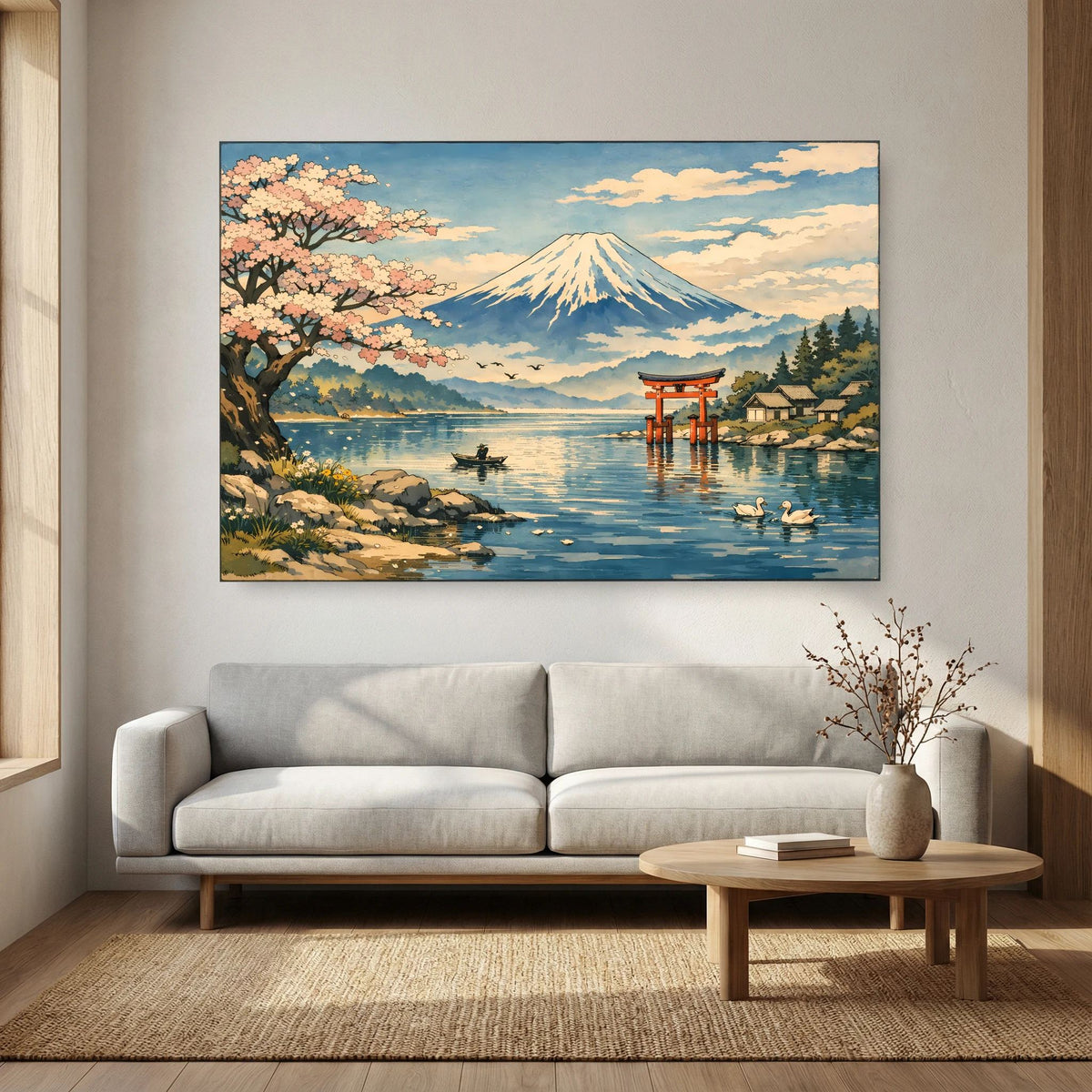 Wandbild im Querformat mit Fuji, Kirschblütenzweig und Torii am See, im Rahmen