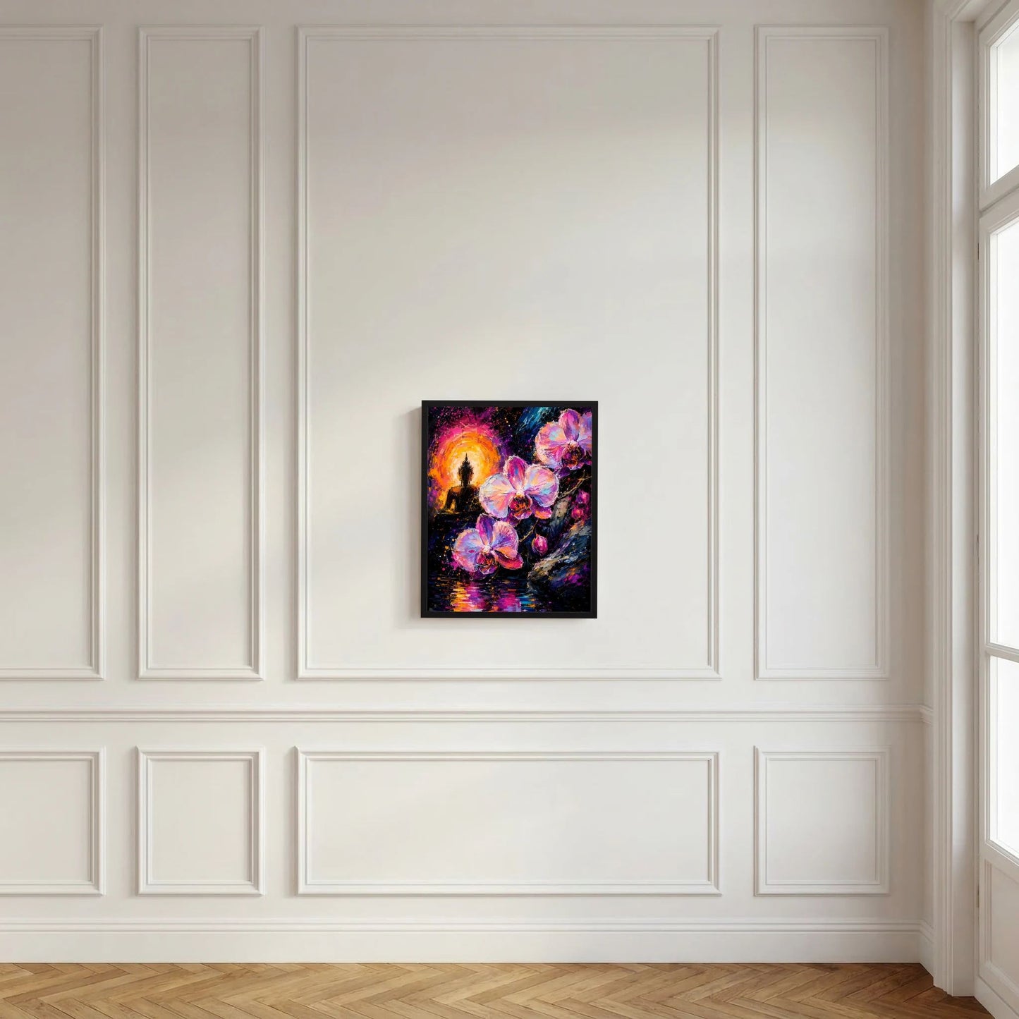 Neon-Kunstposter im Rahmen: Buddha-Silhouette, Orchideen in Pink/Violett und goldene Lichtquelle