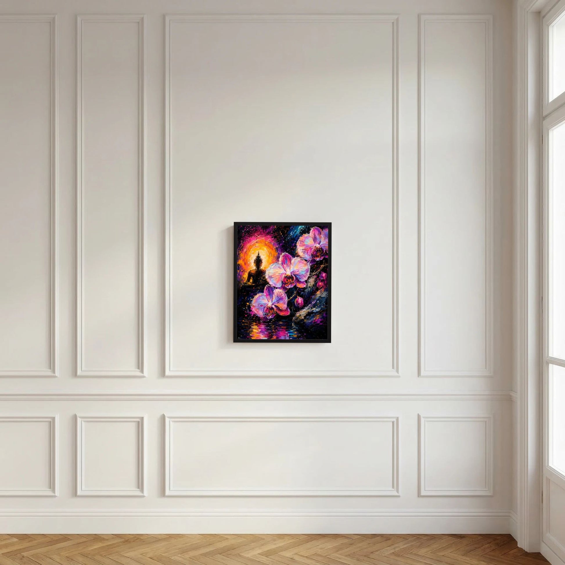 Neon-Kunstposter im Rahmen: Buddha-Silhouette, Orchideen in Pink/Violett und goldene Lichtquelle