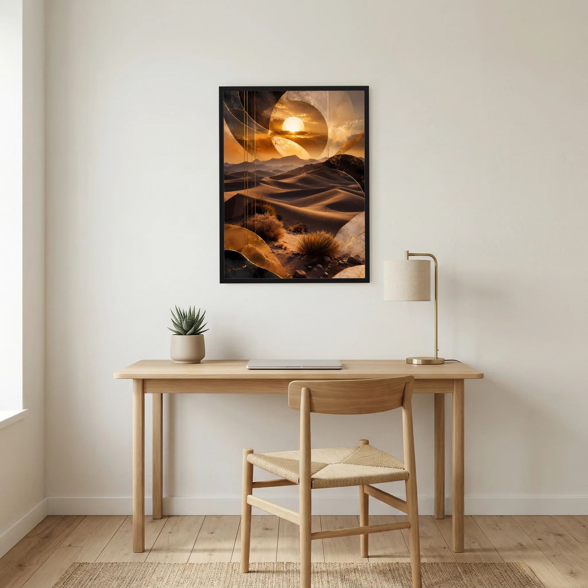 Hochformat-Poster mit goldenem Wüstenbild und Sonnenkreis, schwarzer Rahmen