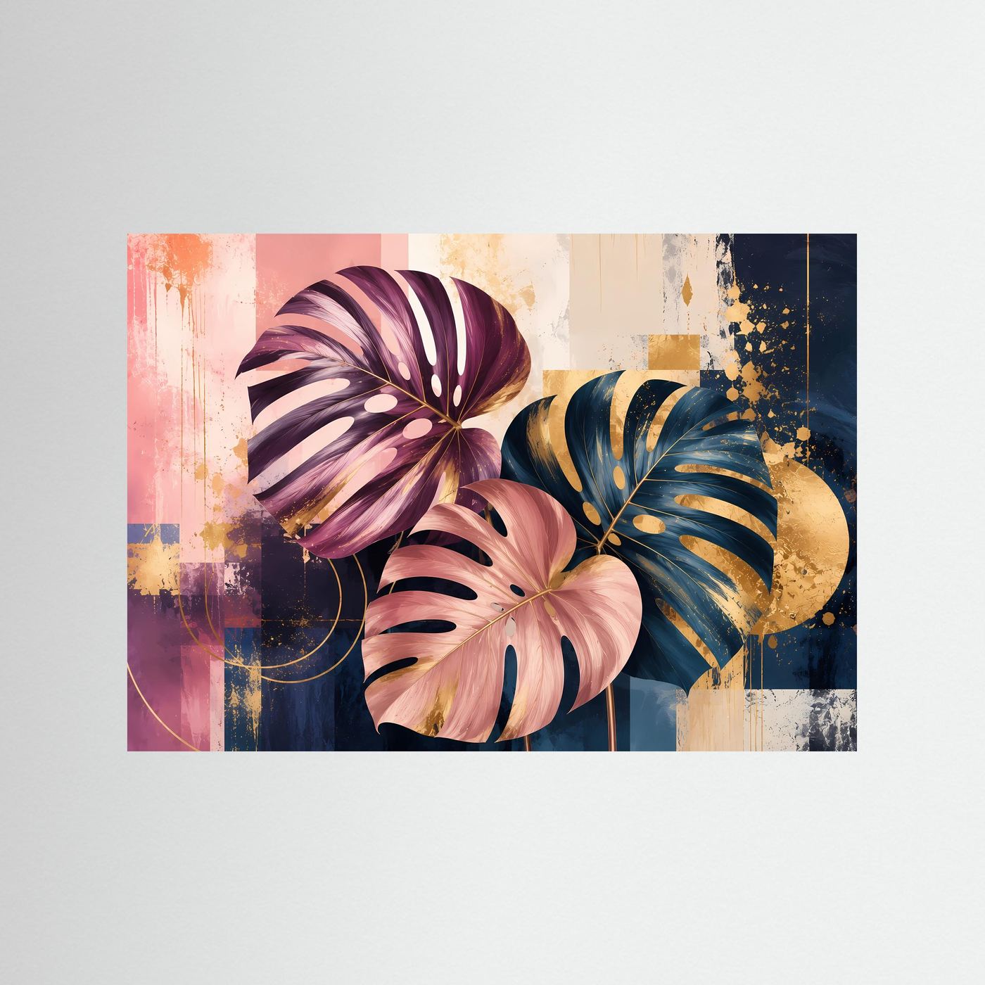 Elegante Monstera Blätter in Rosa, Blau & Gold | Abstrakte Botanik Poster Querformat