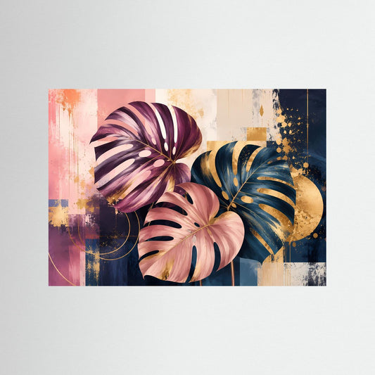 Abstraktes Poster mit Monstera-Blättern in Rosa, Blau und Gold, querformat, ohne Rahmen