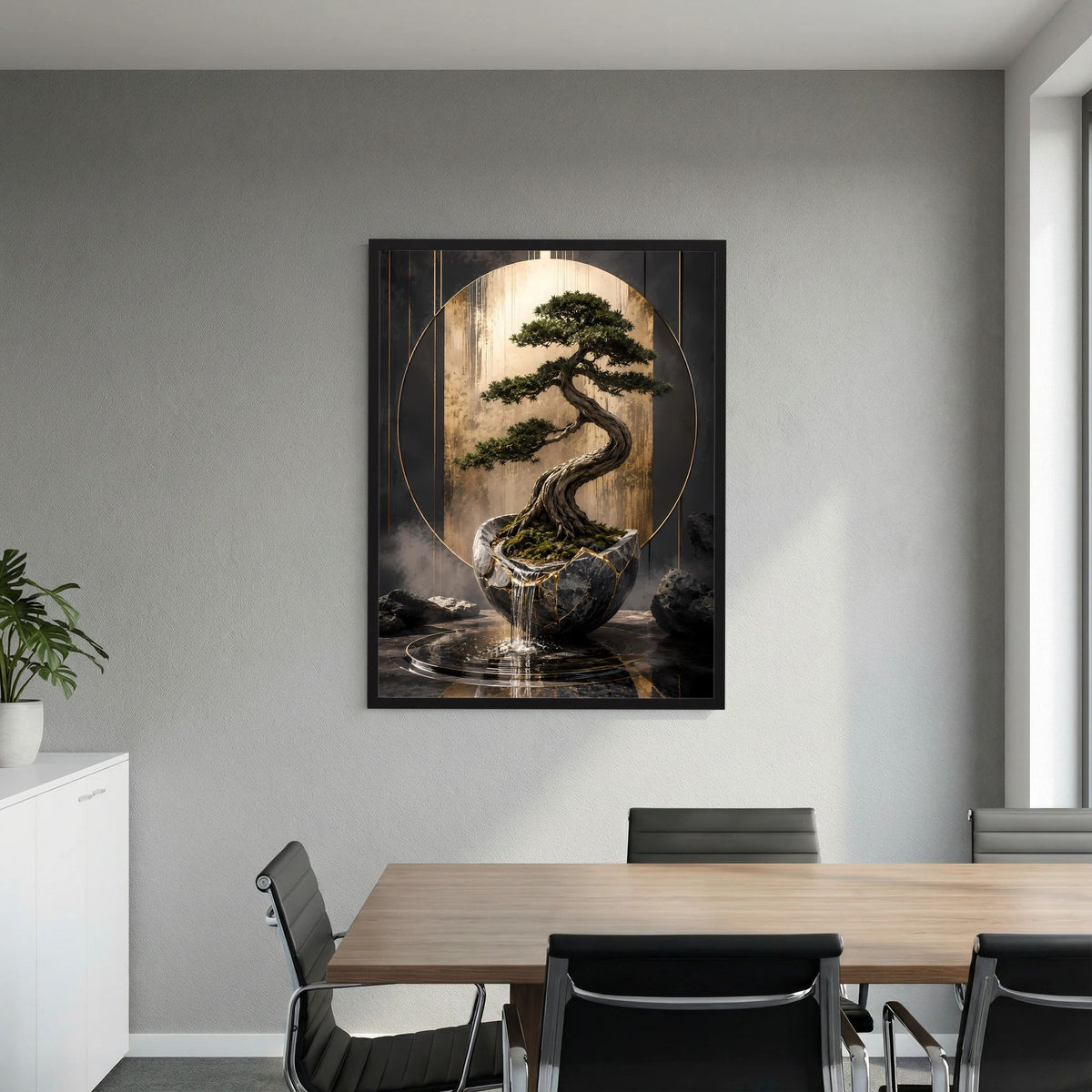Gerahmtes Poster mit Zen-Bonsai in Keramikschale, goldene Lichtreflexe, schwarzer Rahmen