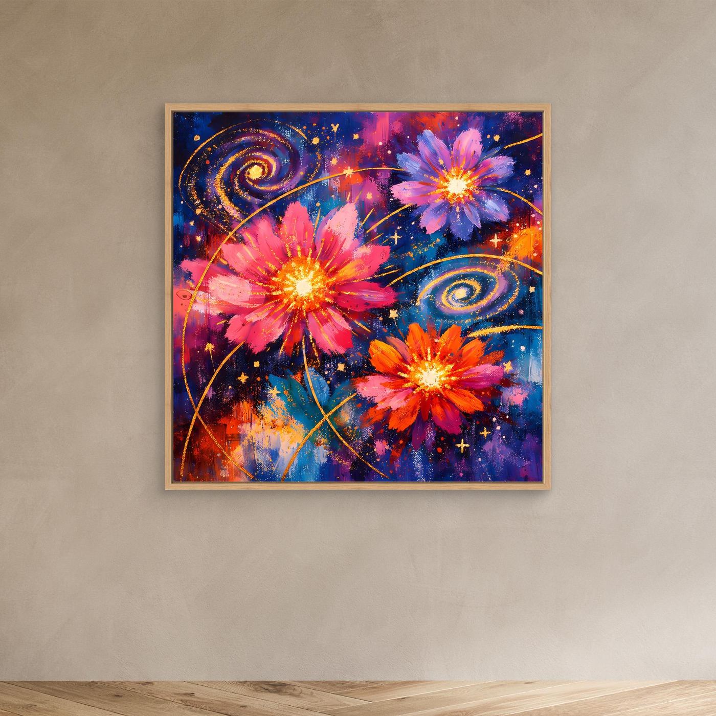 Abstraktes Leinwand-Wandbild mit kosmischen Blüten in Pink und Blau im Eichenrahmen