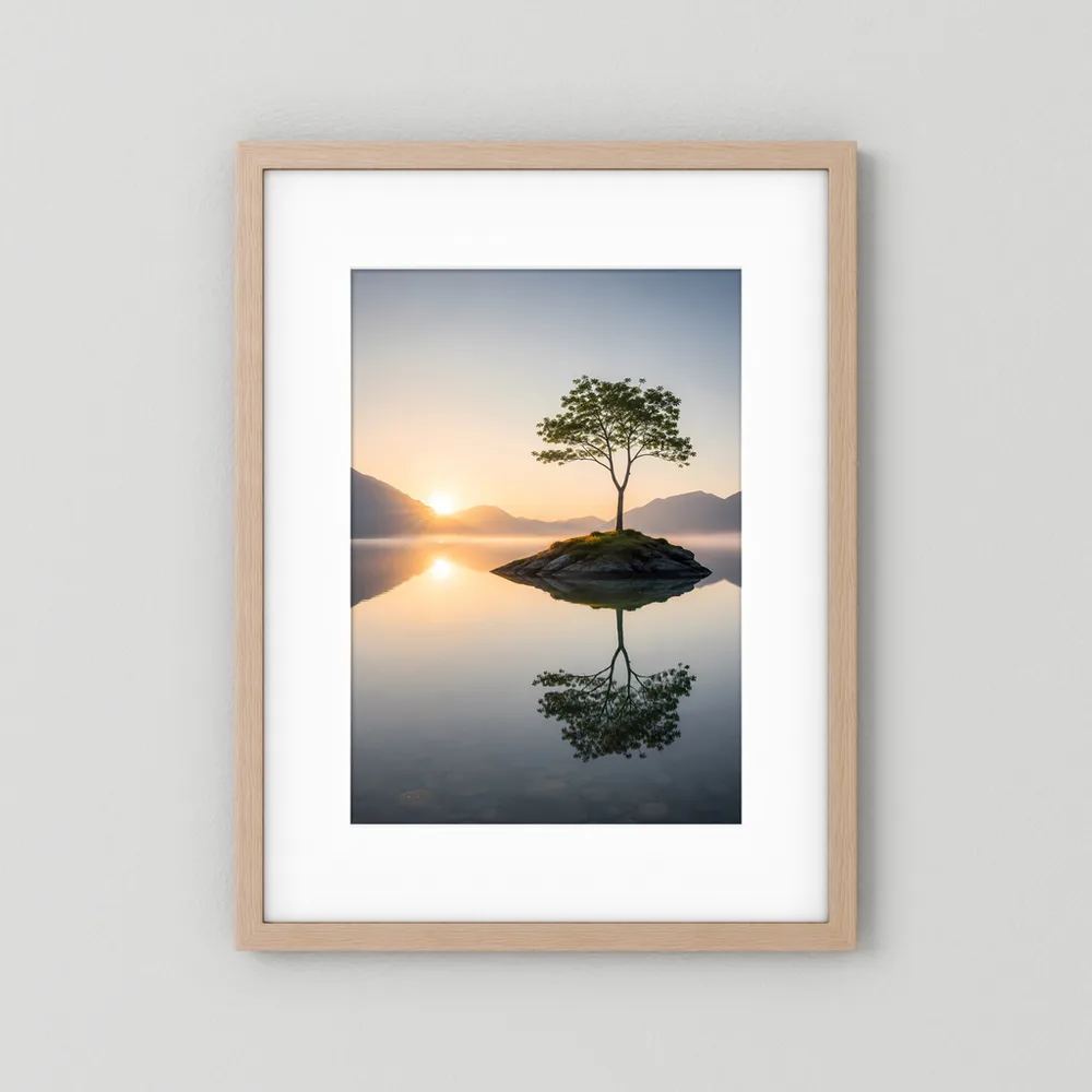 Hochformat-Poster im hellen Holzrahmen mit weißem Passepartout, einsamer Baum auf kleiner Insel.
