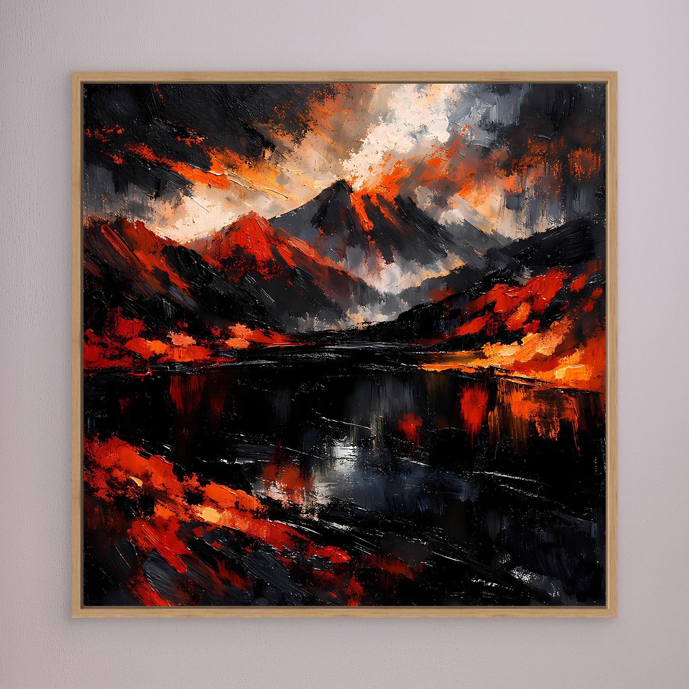 Abstraktes Leinwand-Wandbild mit Vulkan- und Flammenmeer-Motiv, beiger Holzrahmen