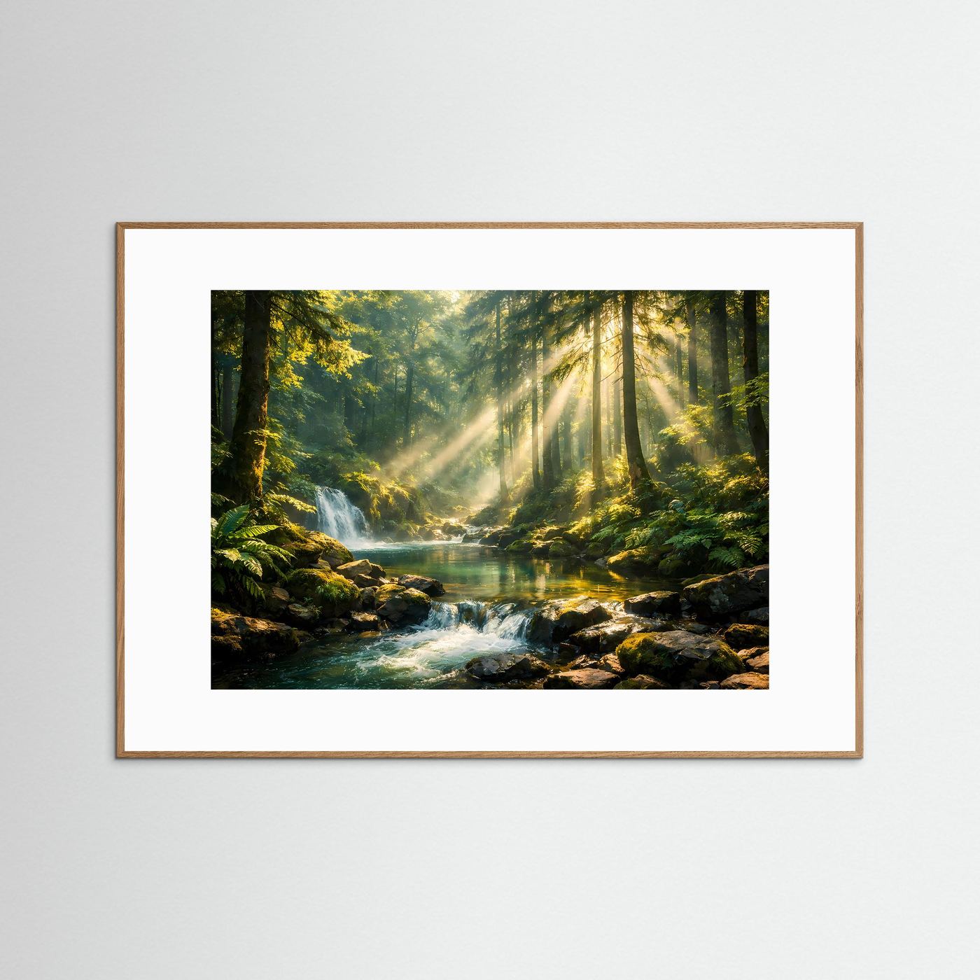 Sonnenstrahlen im Zauberwald mit Wasserfall | Panorama Wald & Natur Poster Querformat
