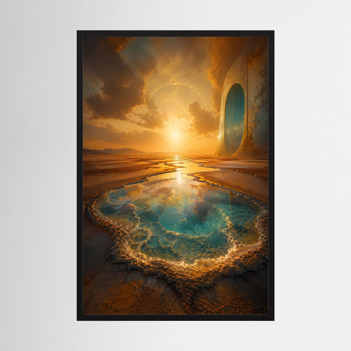 Hochformatiges Poster mit surrealer Wüstenlandschaft, türkisfarbener Quelle und rundem Portal, schwarz gerahmt