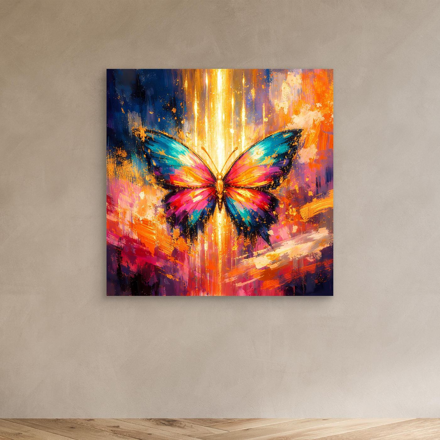 Wandbild mit leuchtendem Schmetterling im Lichtstrahl, kräftige abstrakte Farbtupfer