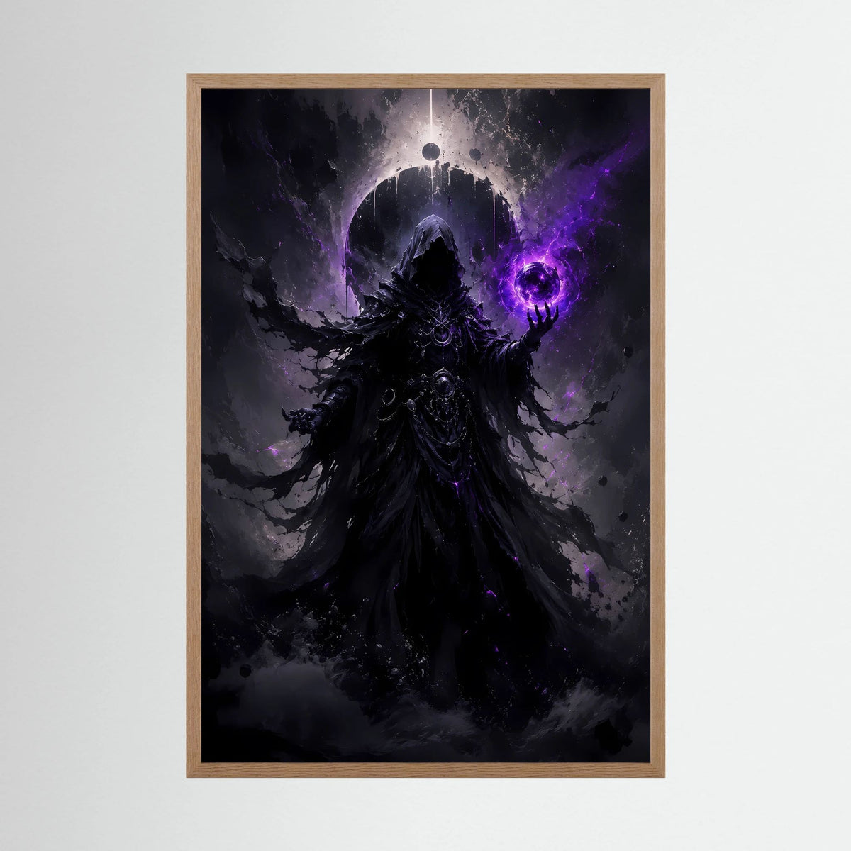 Fantasy-Poster: dunkler Magier mit violetter Energie im Eichenrahmen, Hochformat
