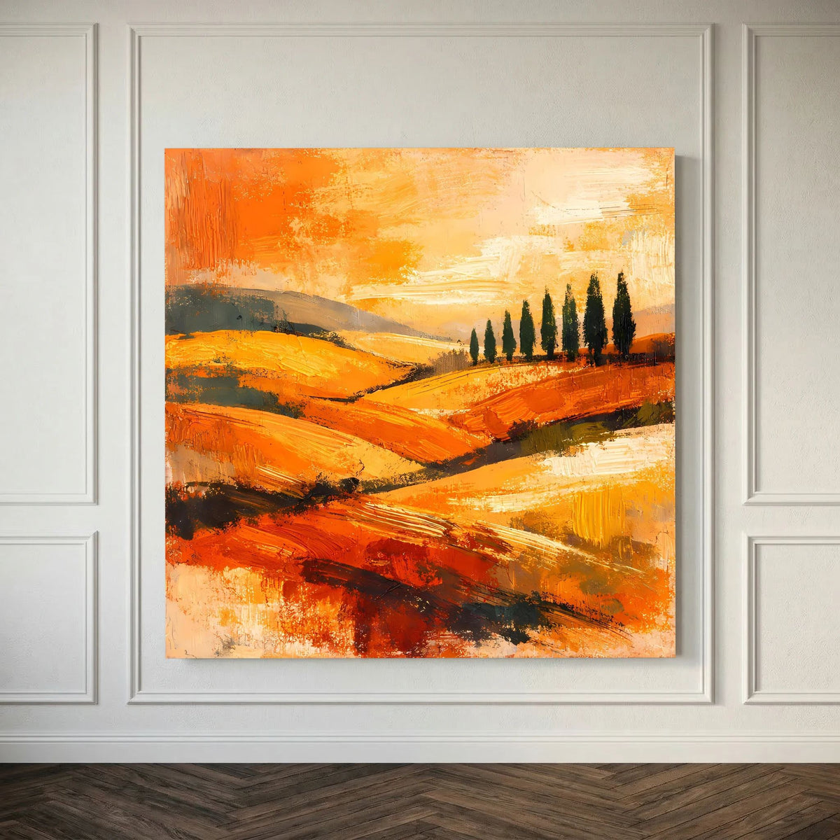 Abstraktes Leinwand-Wandbild mit orangefarbenen Hügeln, Zypressen und hellem Himmel