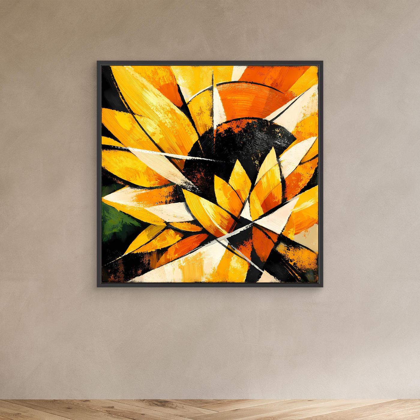 Abstraktes Leinwandbild Sonnenblume mit schwarzem Rahmen: gelb-orange Blüten, schwarzer Kern, weiße Striche