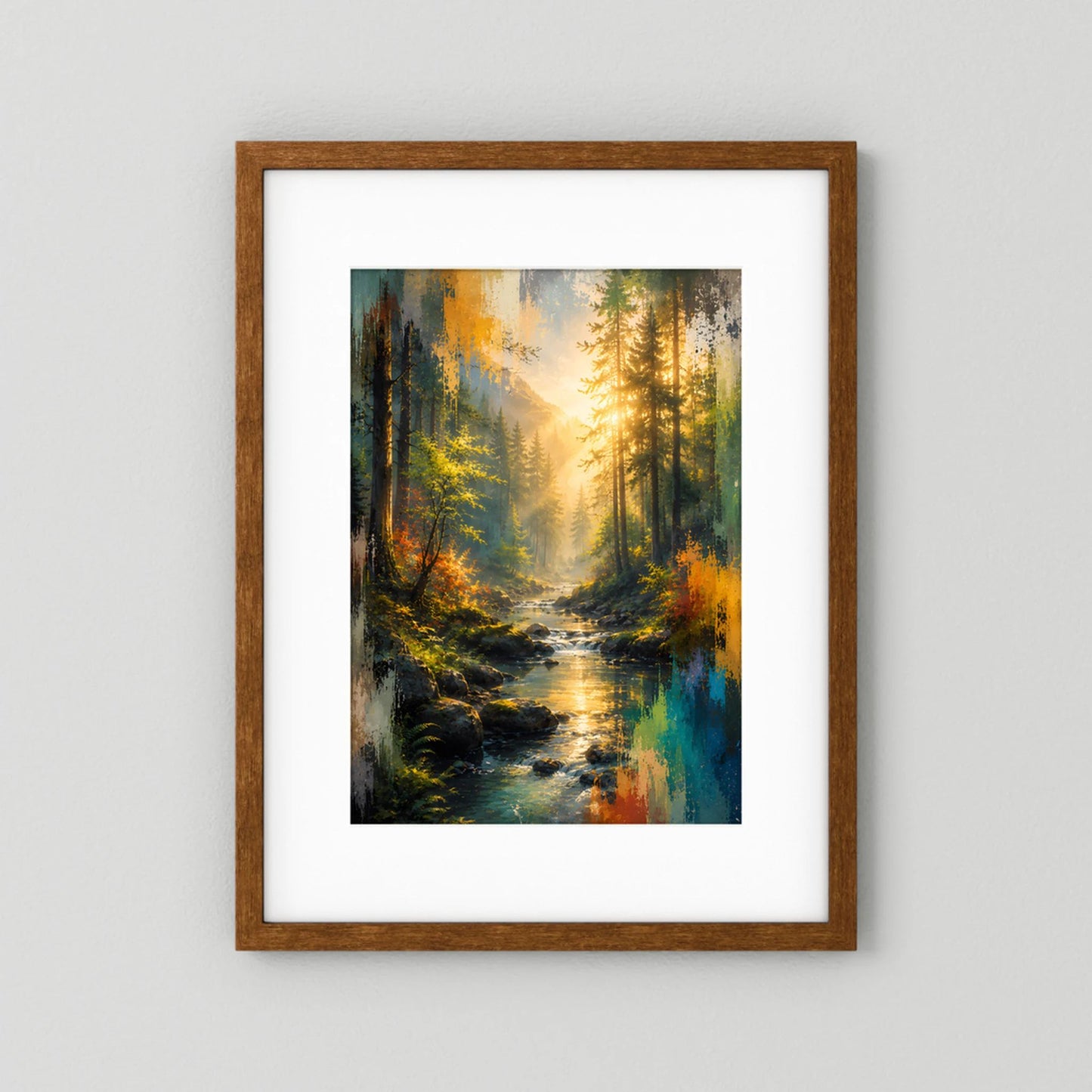 Kunstposter im braunen Holzrahmen mit weißem Passepartout und Bach im Wald