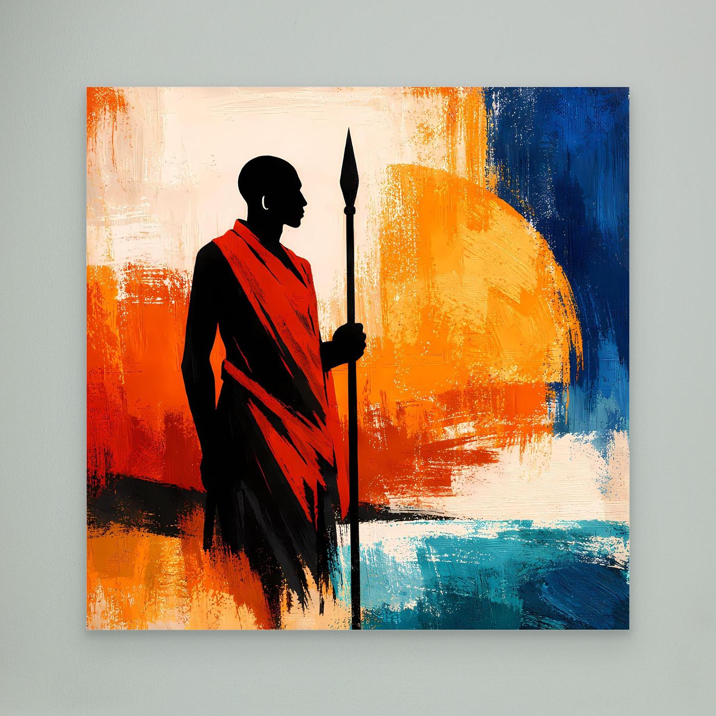 Leinwand Afrikanischer Krieger bei Sonnenuntergang | Modernes Ethno Silhouette Wandbild