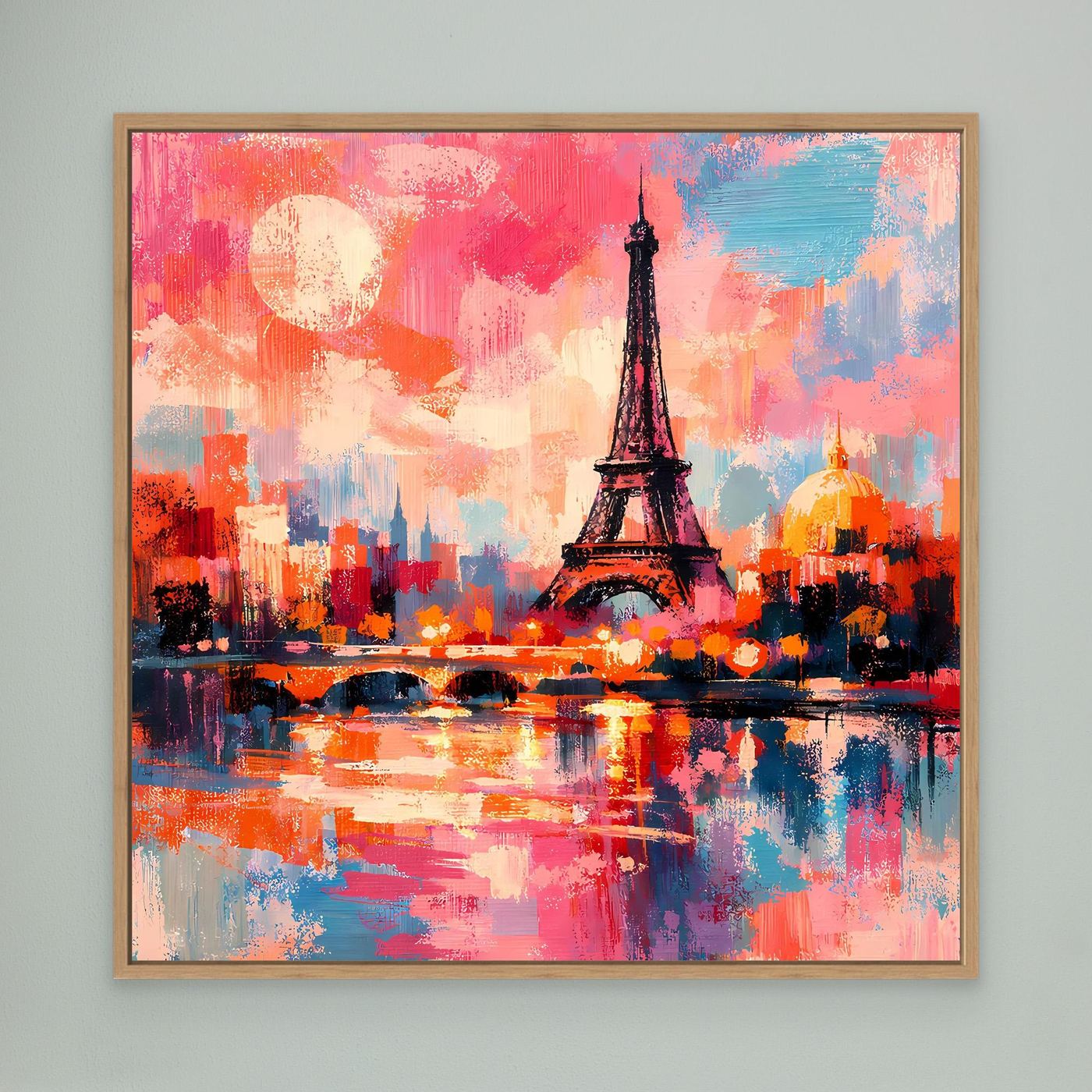 Abstraktes Leinwand-Wandbild mit Eiffelturm und Skyline, pink-blau, im Eichenrahmen