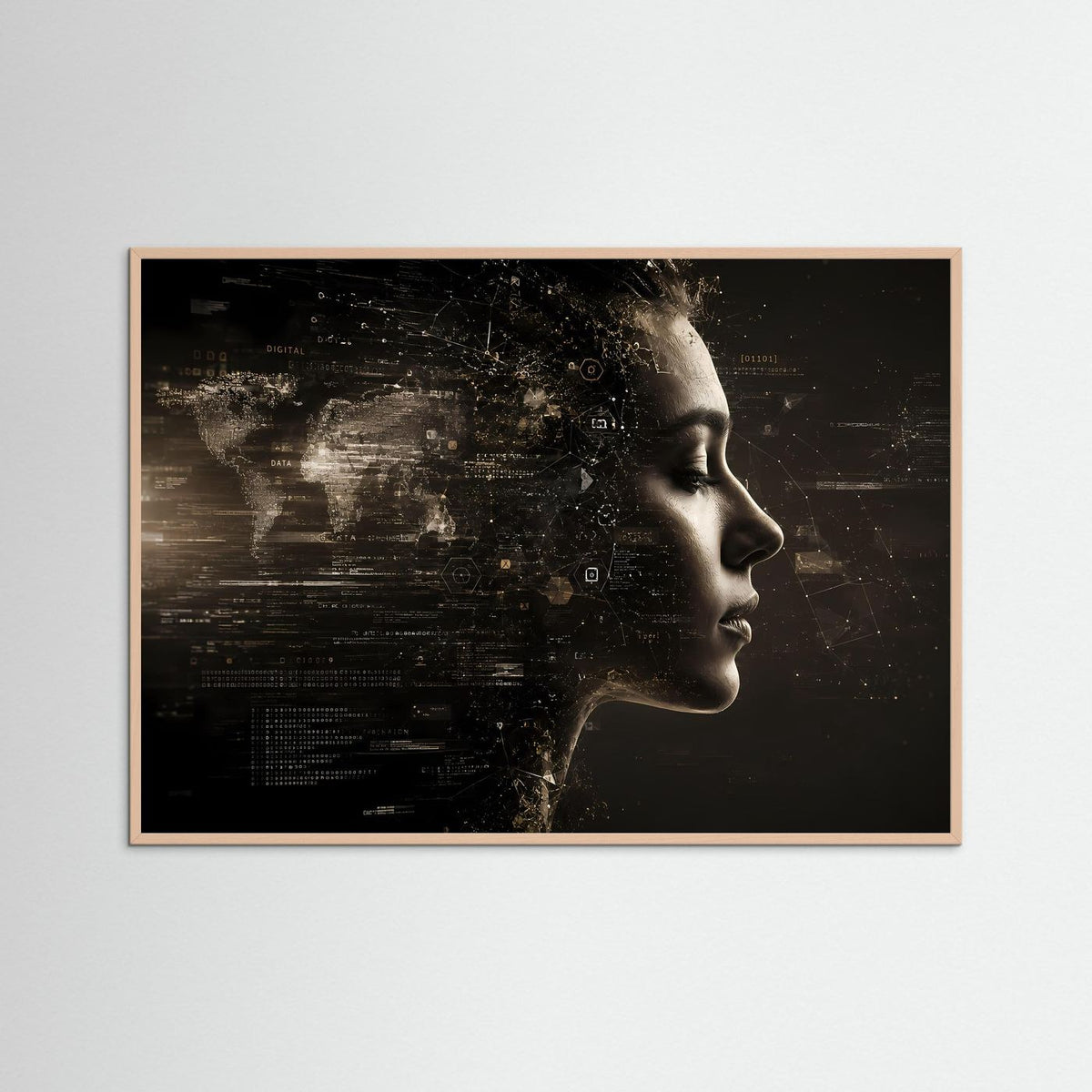 Querformat-Poster mit Frauenprofil in Schwarz und Gold, rosafarbenes Holzrahmen