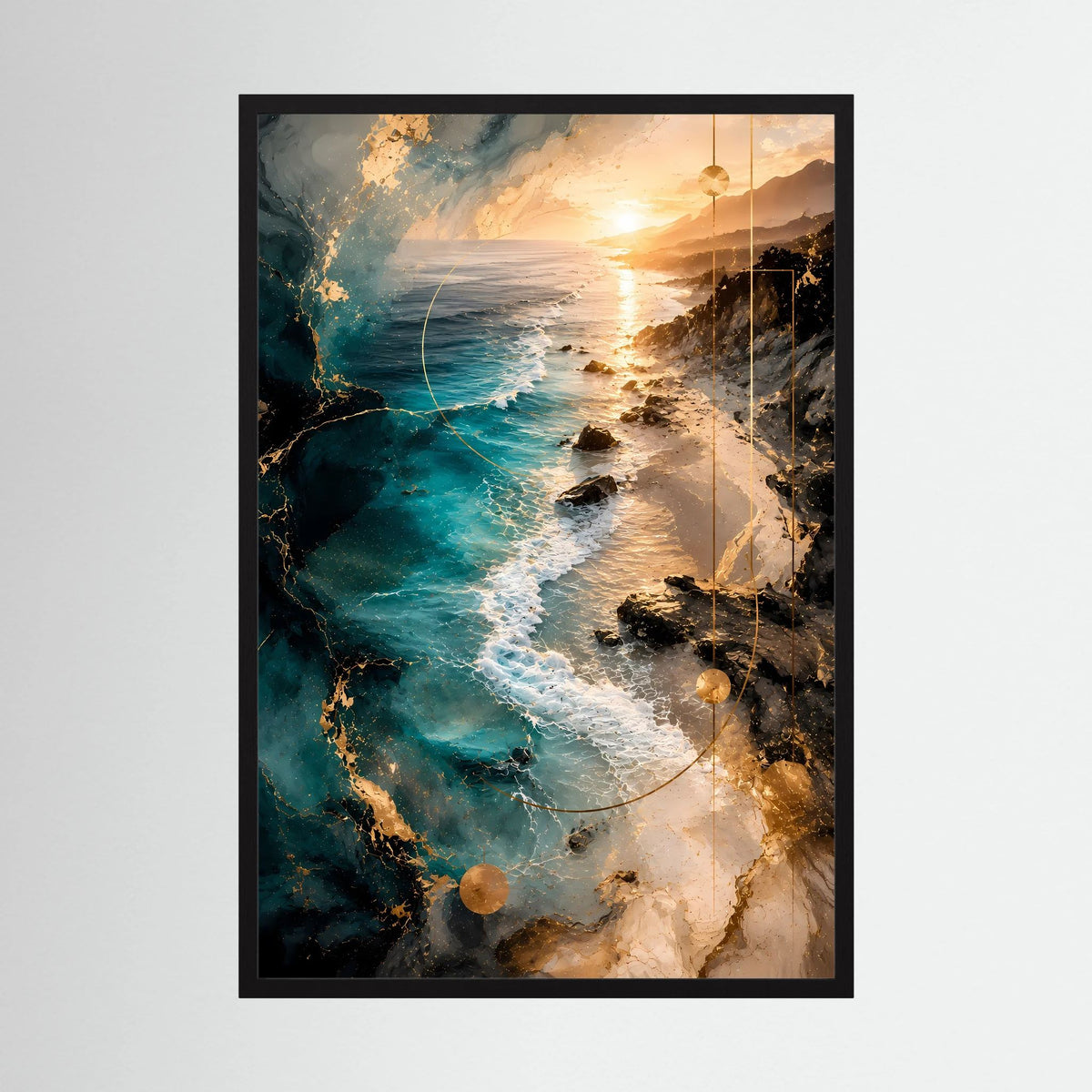 Gerahmtes Hochformat-Poster mit abstrakter Meereslandschaft in Türkis und Gold