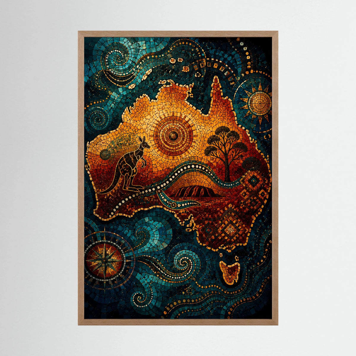 Hochformat-Poster mit Känguru-Mosaik, Blau-Orange-Farben, Holzrahmen in hellem Beige