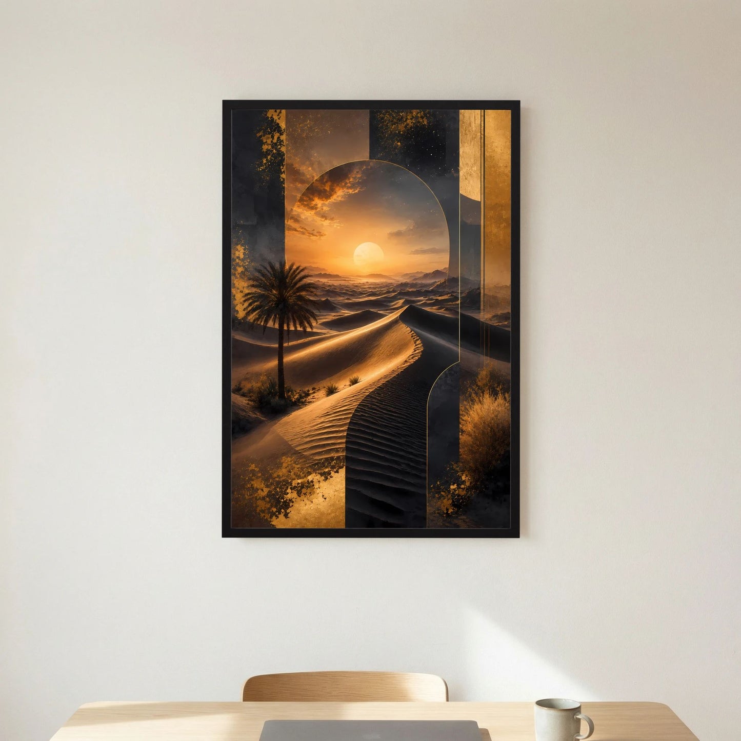 Poster im schwarzen Rahmen mit weißer Umrandung, abstrakte Dünenlandschaft in Gold und Dunkel