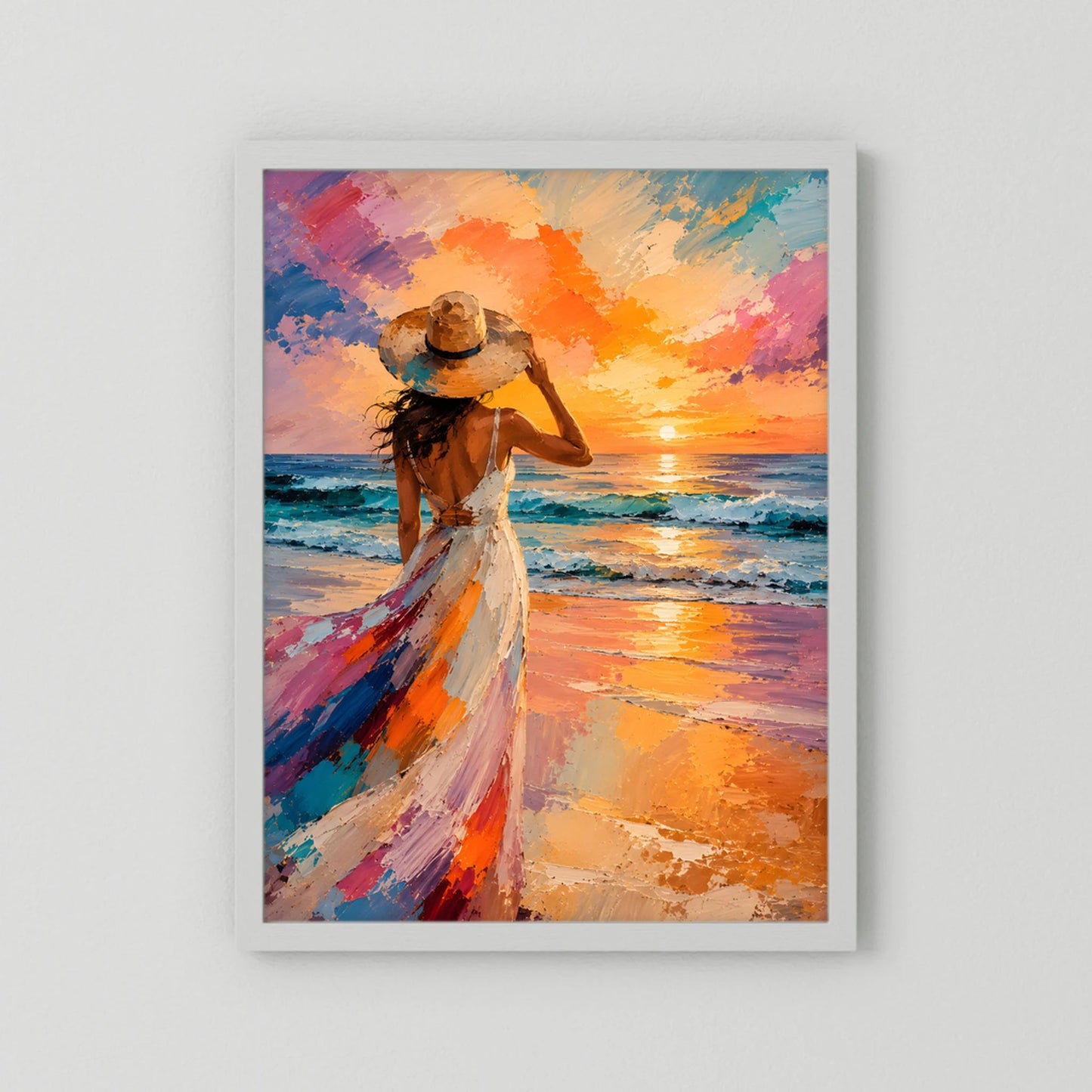 Kunstposter mit Frau am Strand in buntem Kleid, Sonnenuntergang, ohne Rahmen