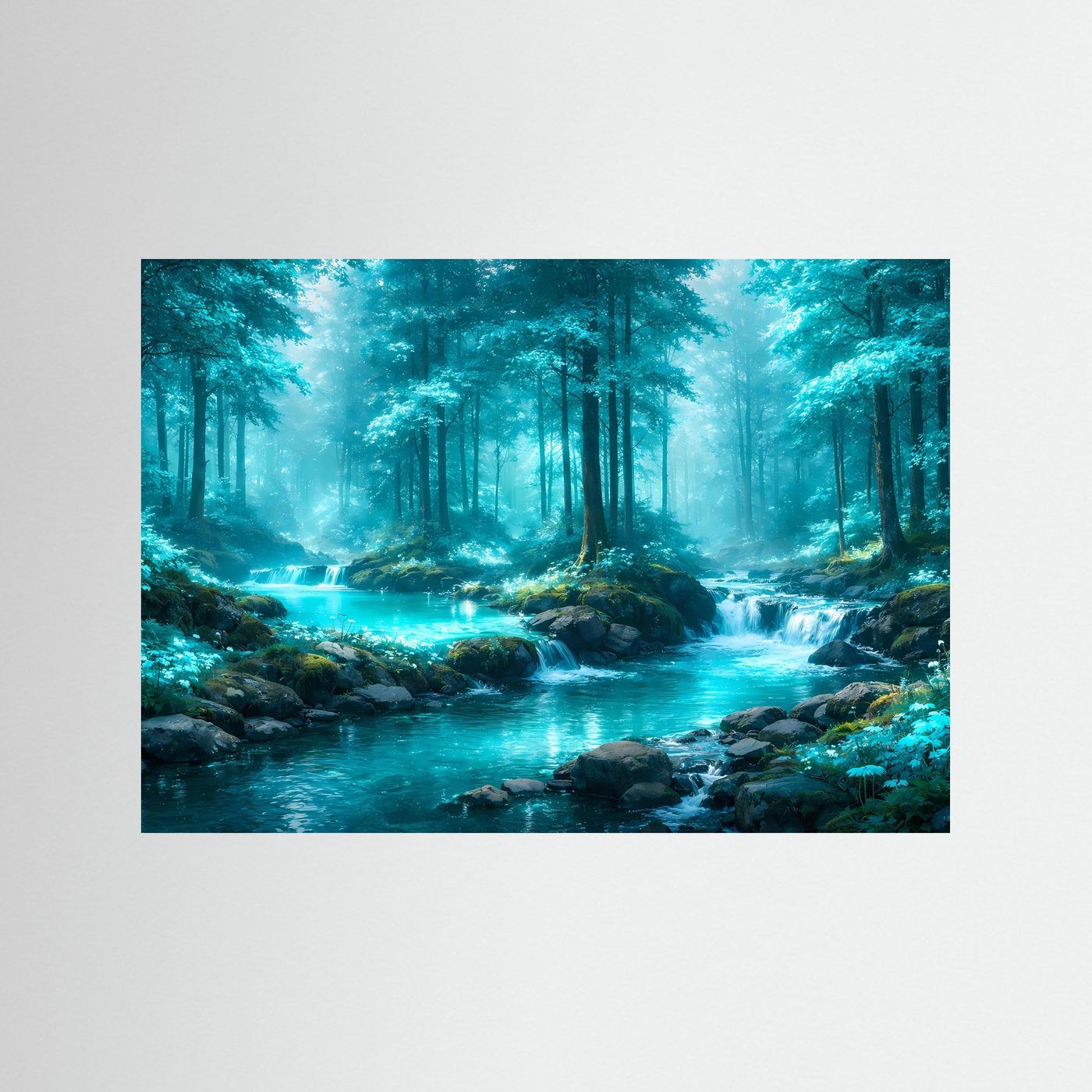 Landschaftsposter mit Fluss im grünen Wald, ohne Rahmen