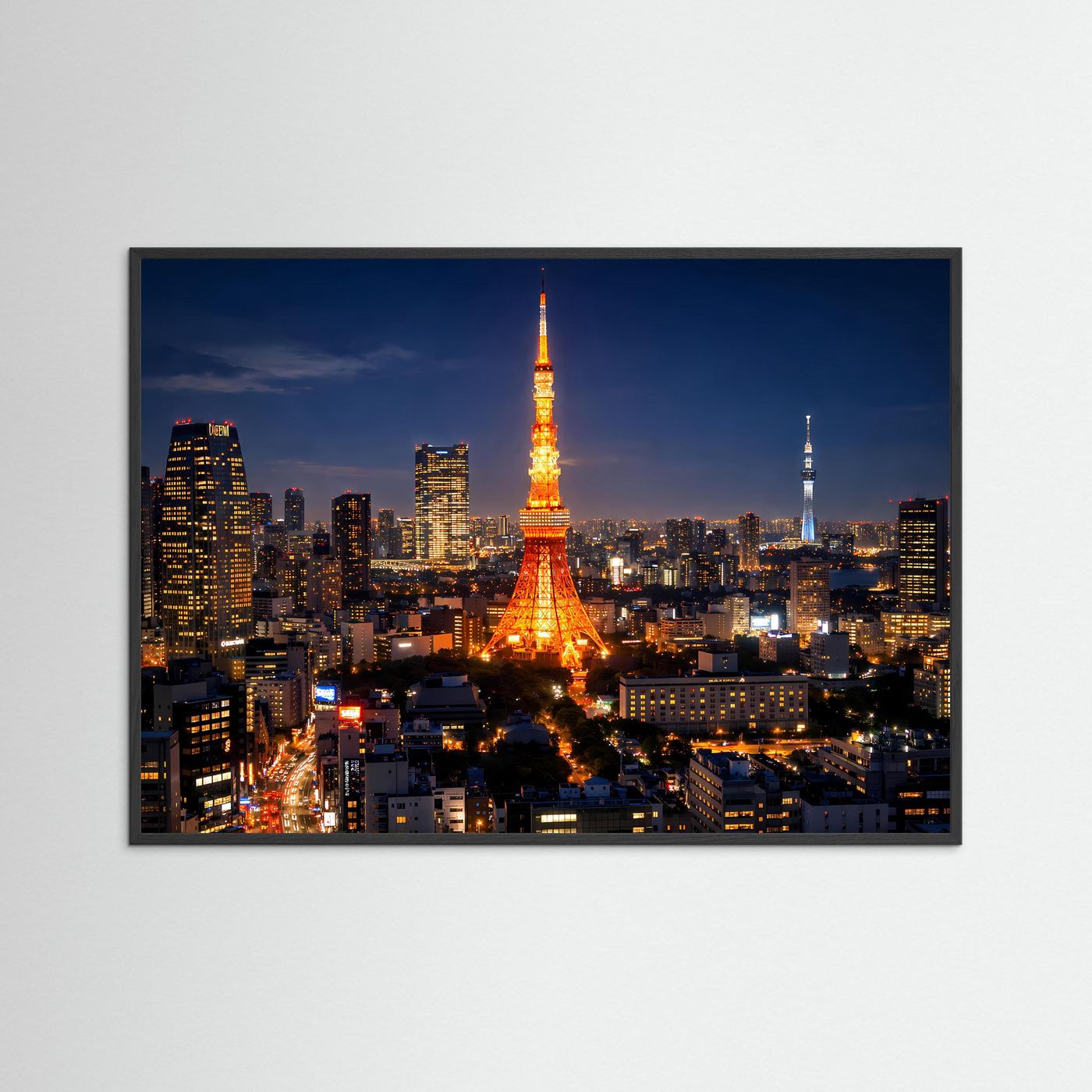 Querformat-Poster mit Stadtpanorama bei Nacht, Tokyo Tower im Fokus