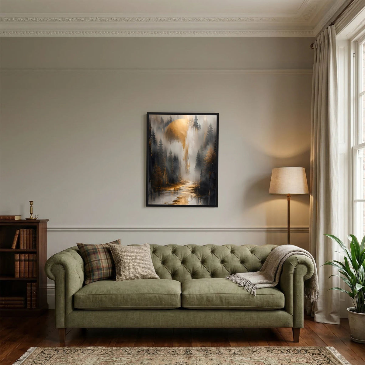 Gerahmtes Poster mit Waldweg und Fluss, goldener Lichtschein durch Nebel, Hochformat