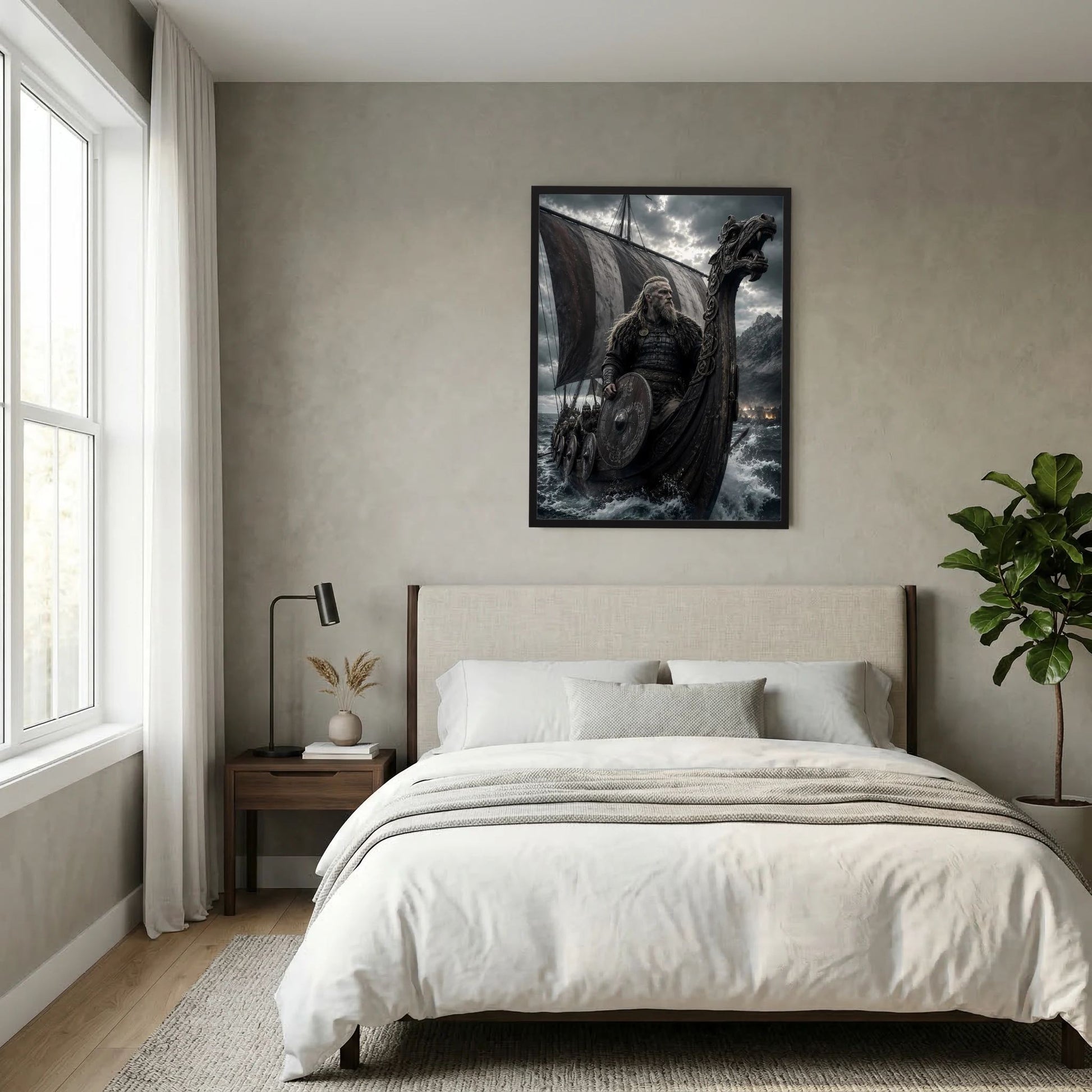 Poster über dem Bett: Wikinger-Krieger auf Drachenschiff, düstere See und Wolken
