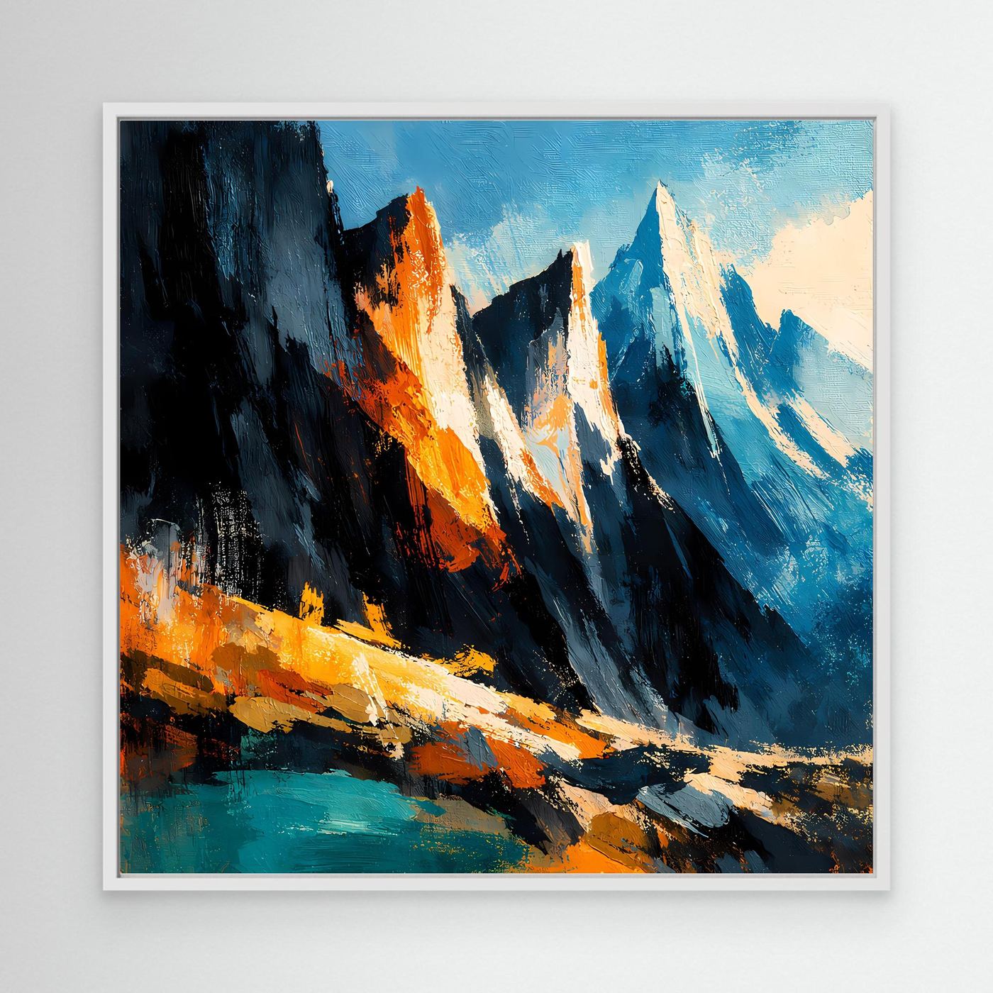 Abstraktes Leinwand-Wandbild mit Alpenbergen in Blau, Orange und Schwarz (weißer Rahmen)