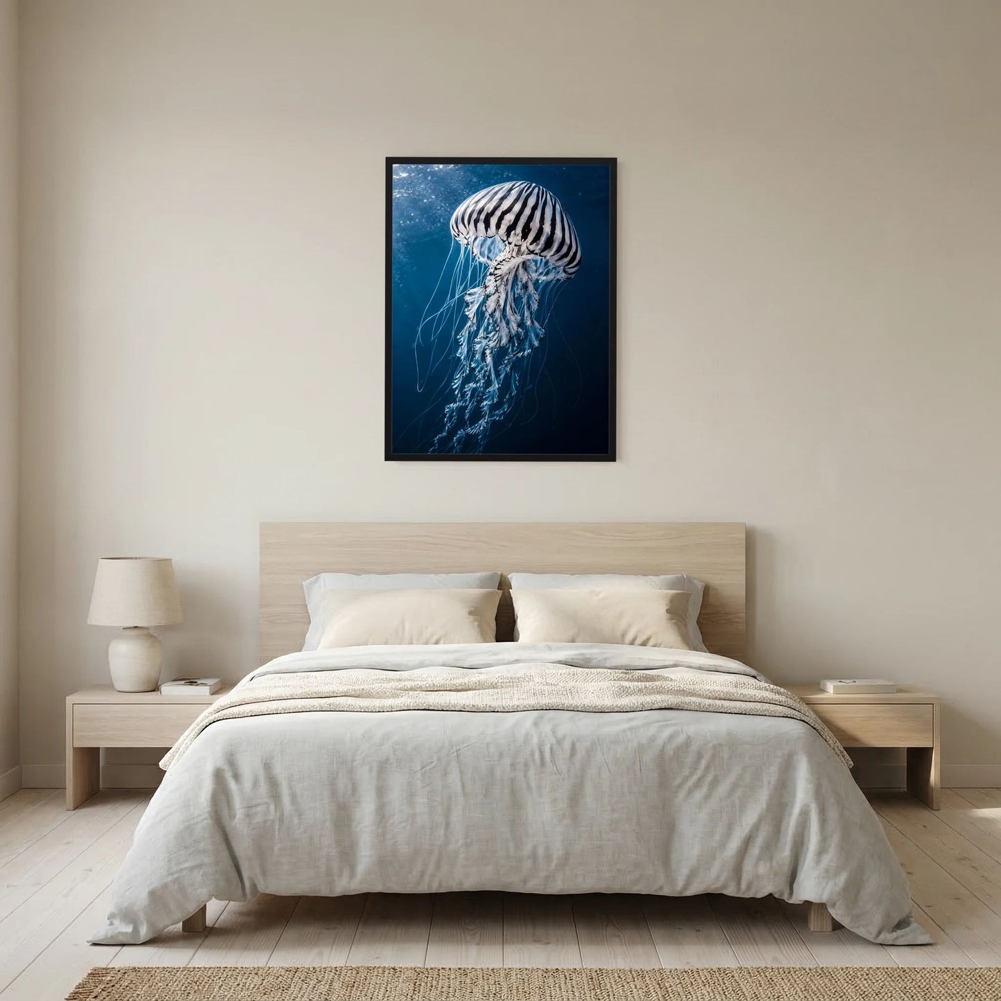 Gerahmtes Poster mit Qualle im Blau, klarer Kontrast und feine Tentakeln