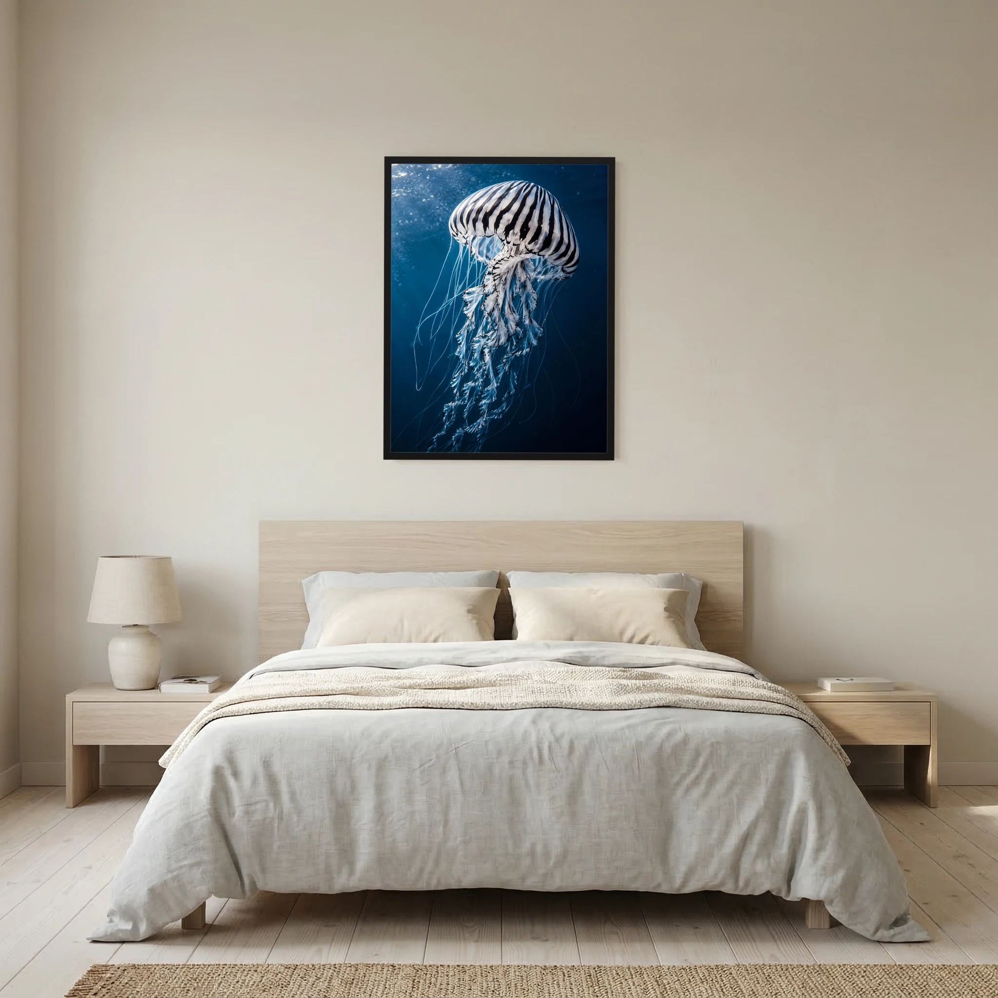 Gerahmtes Poster mit Qualle im Blau, klarer Kontrast und feine Tentakeln