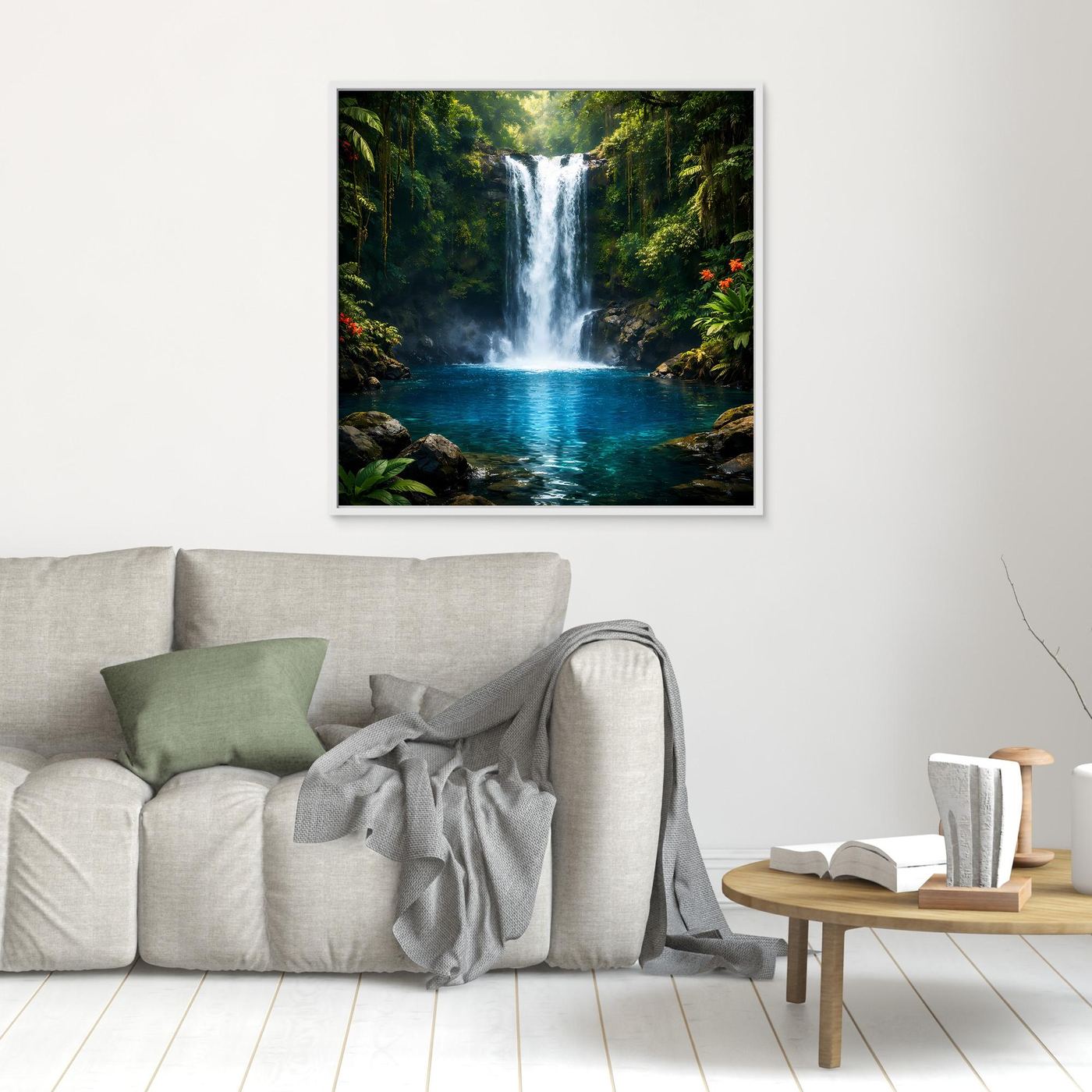 Leinwandbild mit Wasserfall im Dschungel, in Wohnraum aufgehängt, schmaler schwarzer Rahmen