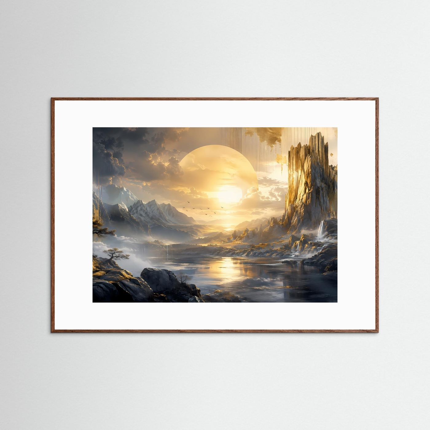 Mystische Berglandschaft mit goldener Sonne | Fantasie Landschaft in Gold & Schwarz