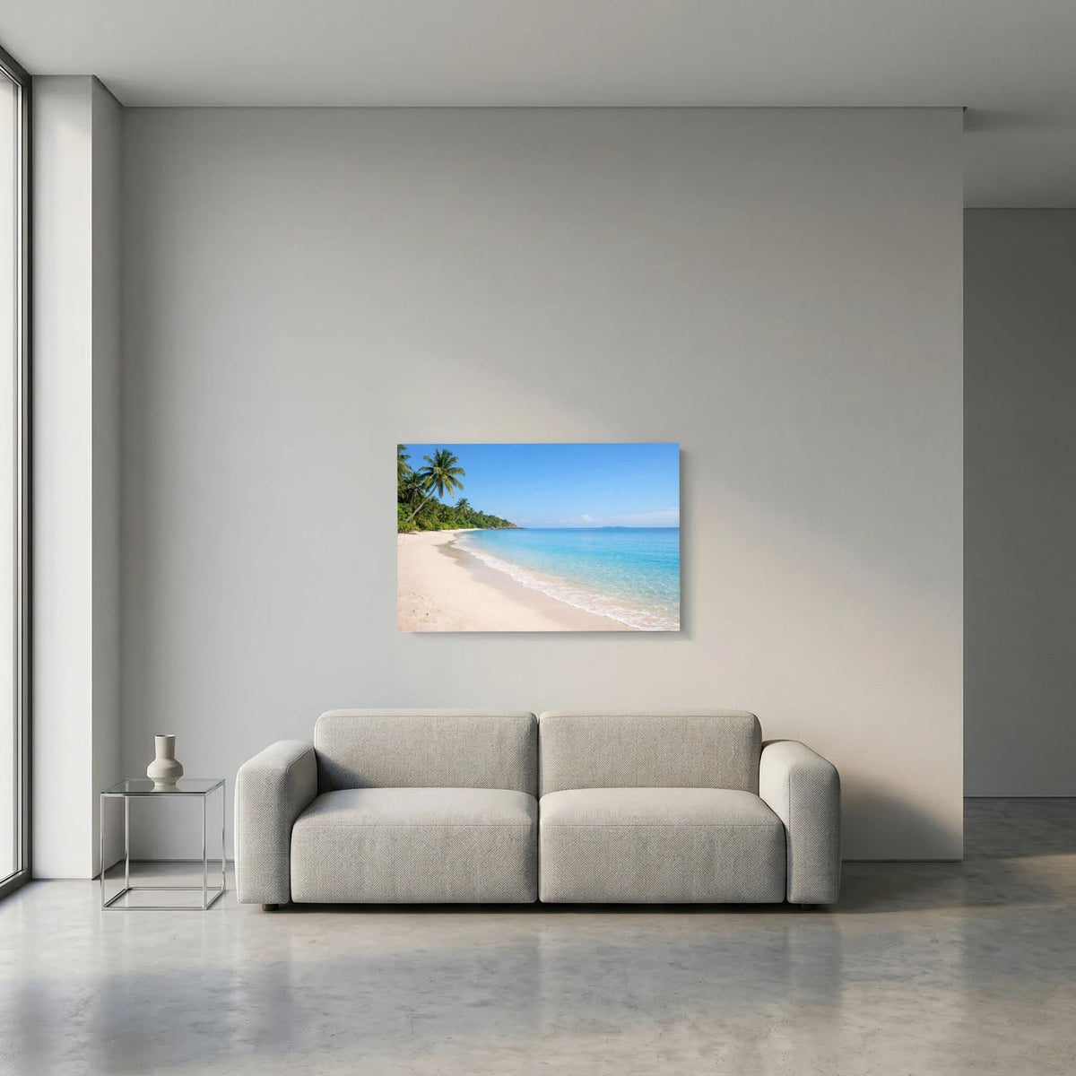 Querformatiges Strand-Wandbild mit Palmen und türkisfarbenem Meer