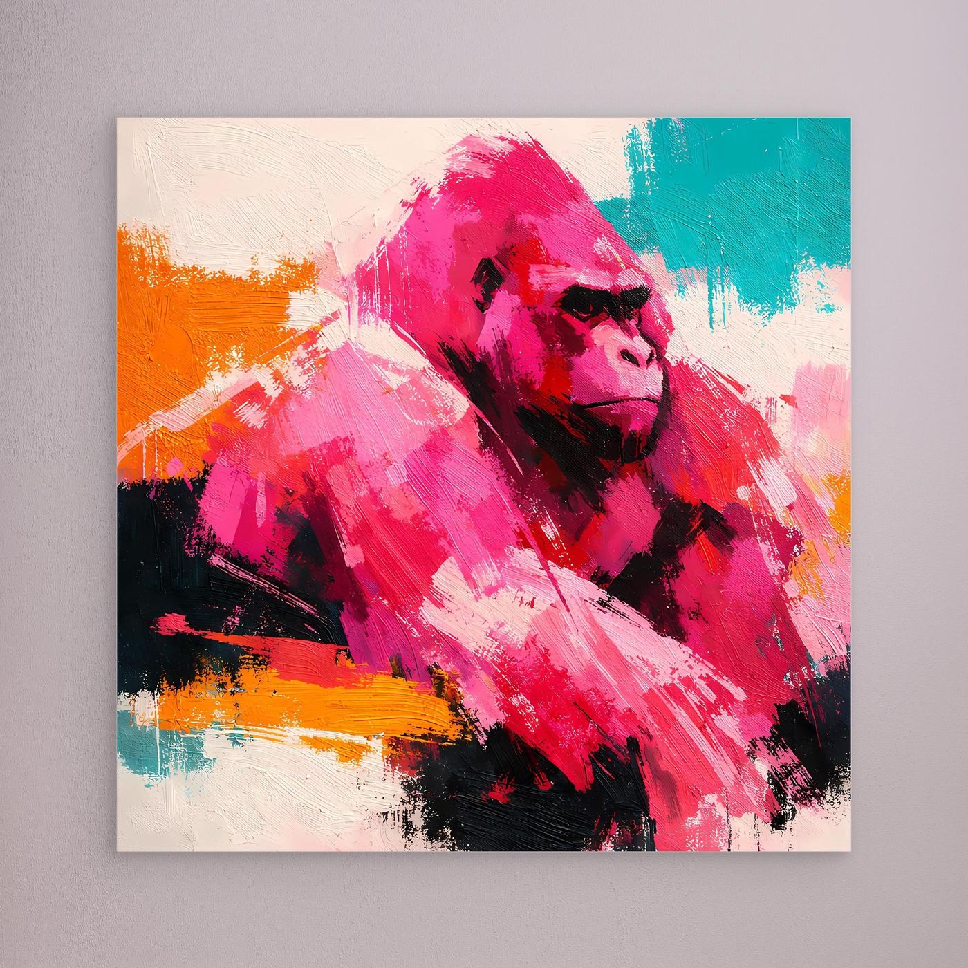Rahmenloses Leinwandbild mit abstraktem Gorillagesicht im Pop-Art-Look
