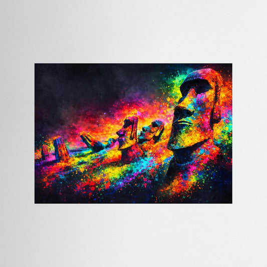 Neon-Pop-Art Wandbild mit Moai-Statuen, bunt gespritzt, schwarzer Rahmen